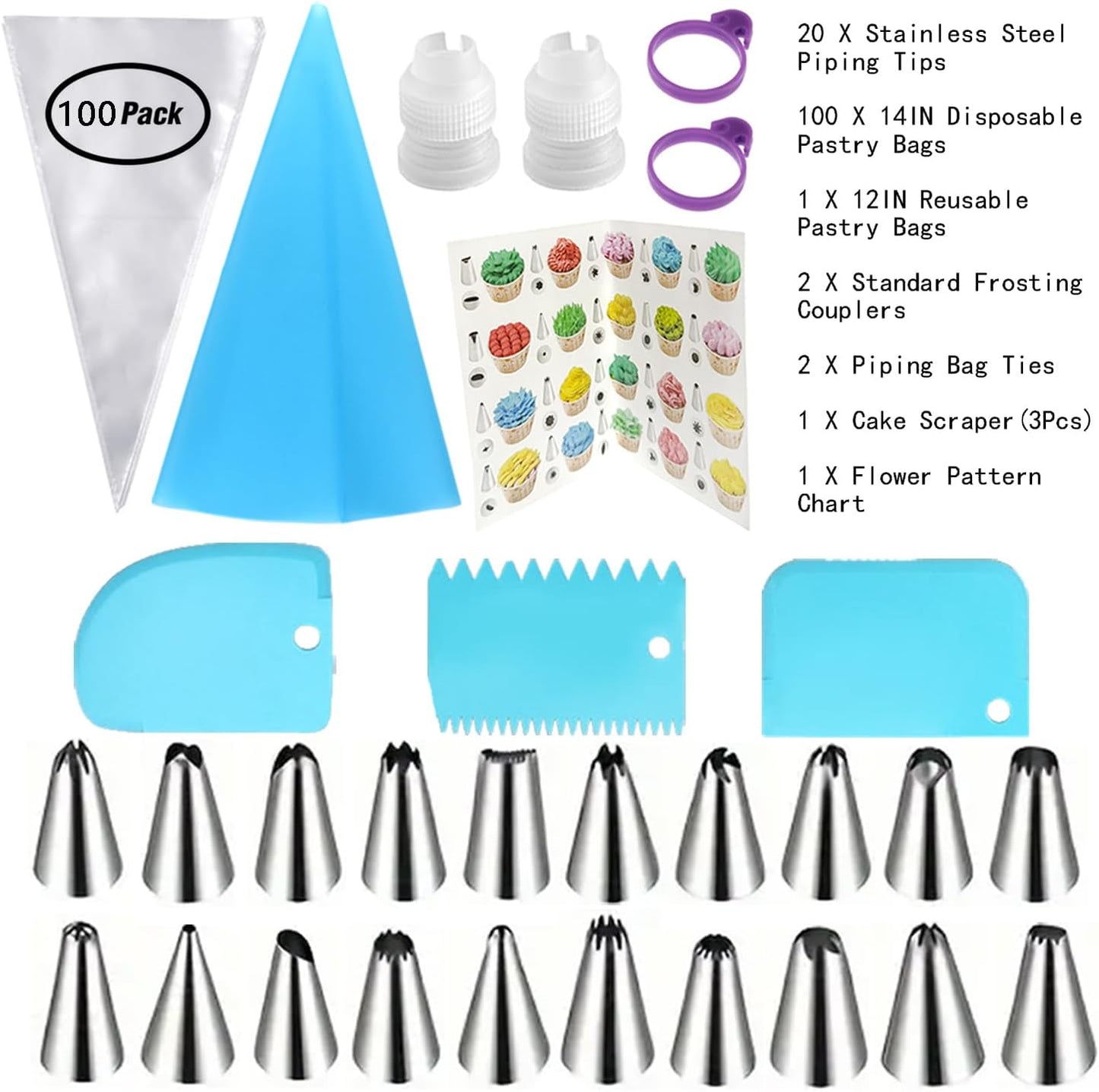14 Inch Piping Bags and Tips Set - 100Pcs Disposable Pastry Bags with Tips for Cupcakes, Cookies, Frosting & Icing, Cake Decorating Tools with Frosting Nozzles Baking Supplies for Home, Kitchen Use