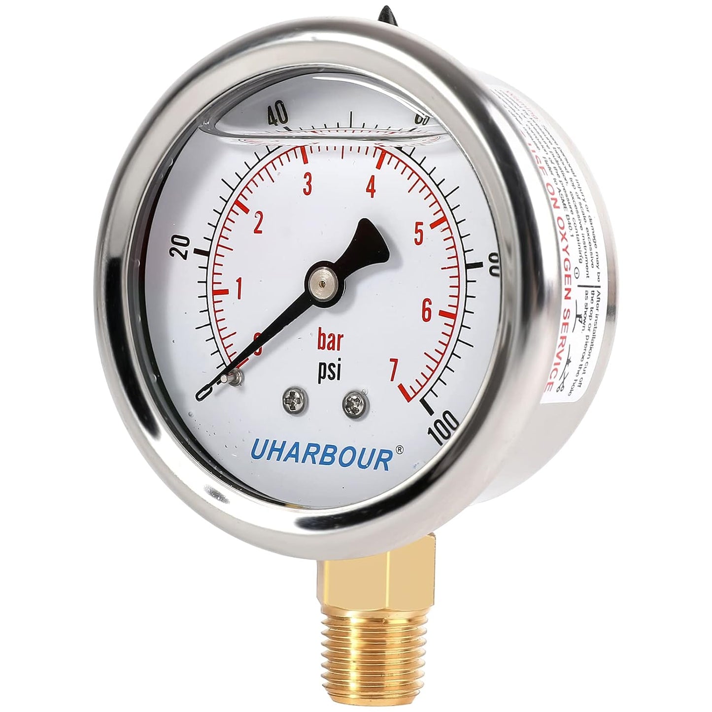 Glycerin Filled Pressure Gauge 100psi/7bar, Stainless Steel case, Brass Inside Construction, 2-1/2" dial, 1/4" NPT Rear Connection.