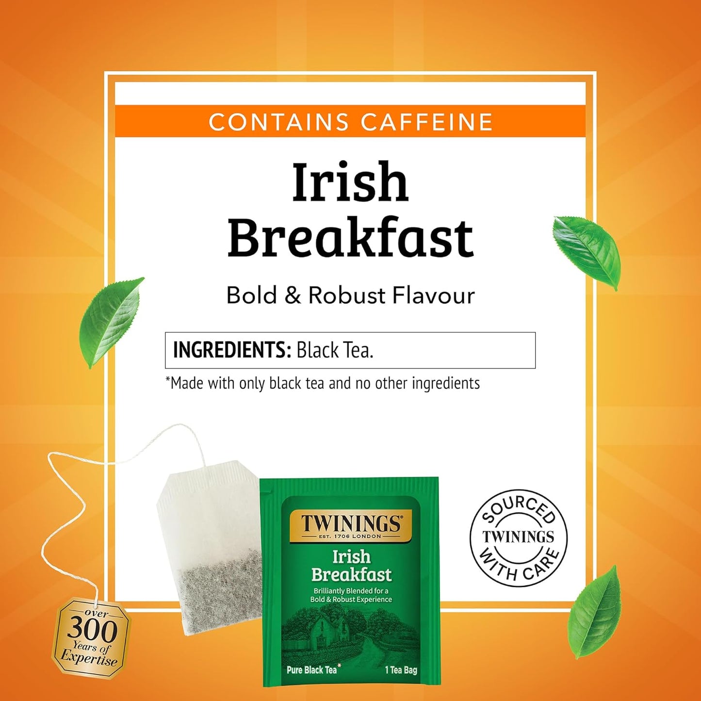 Twinings Irish Breakfast Black Tea Individually Wrapped Bags, 50 Count (Pack of 6), Flavourful, Bold, Robust, Caffeinated, Enjoy Hot or Iced, 300 Teabags