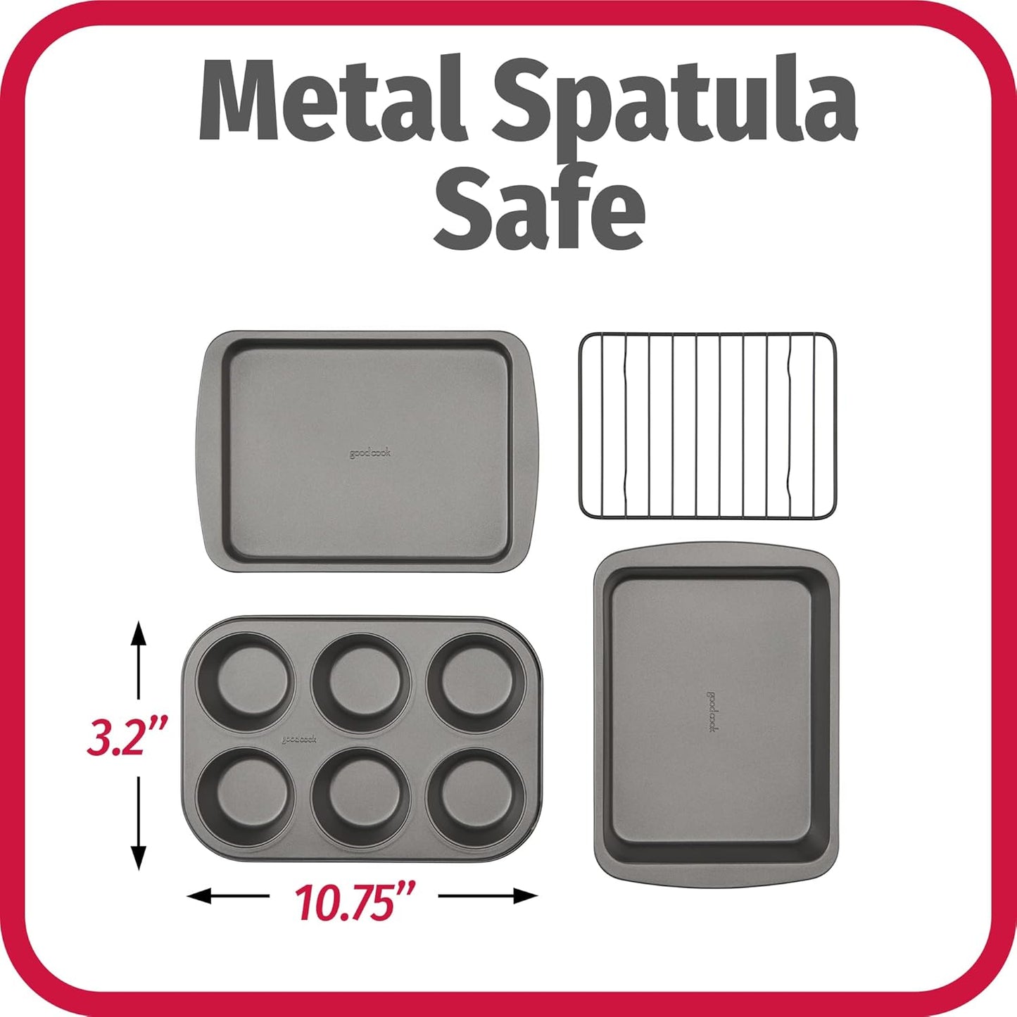 GoodCook 4-Piece Nonstick Steel Toaster Oven Set with Sheet Pan, Rack, Cake Pan, and Muffin Pan, Gray, 4-Piece Set Distributes Heat Evenly, Nonstick Coating, Dishwasher-Safe