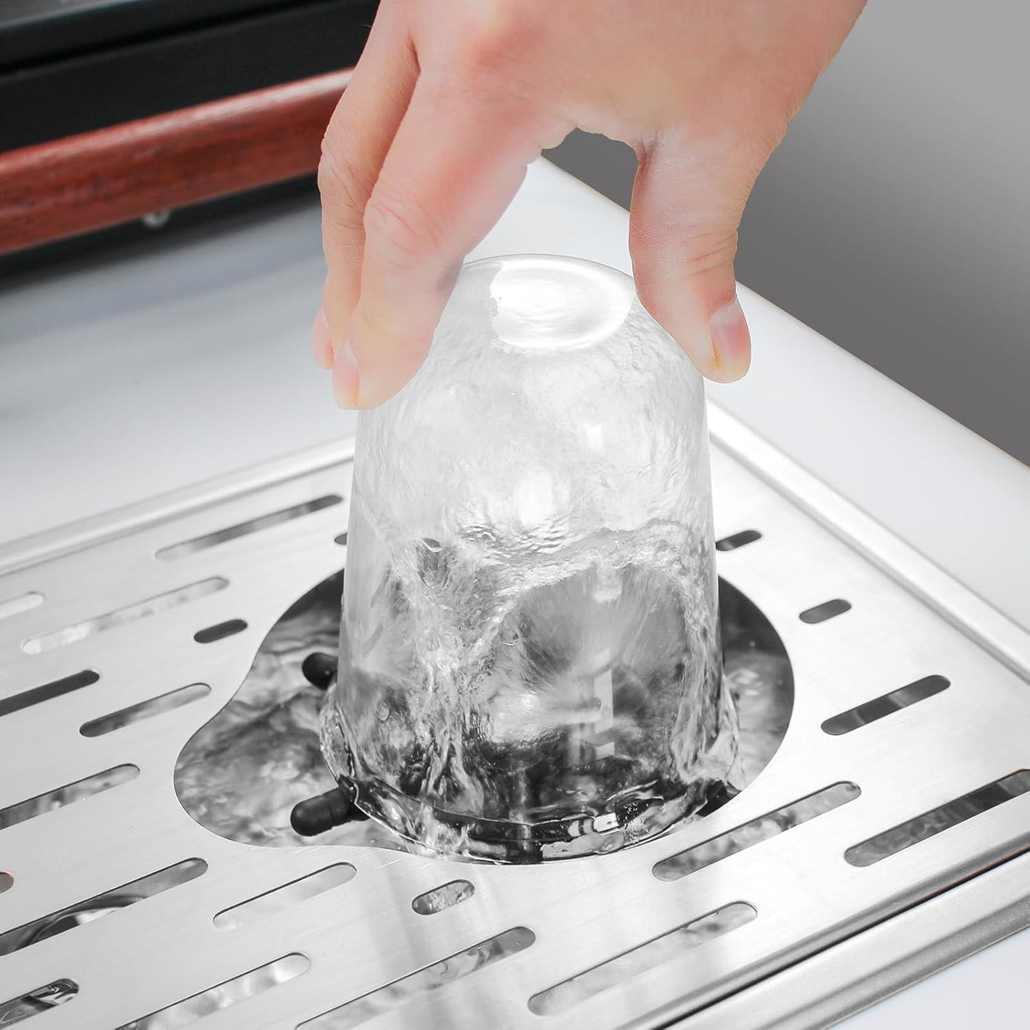 DIBTSA Pitcher Rinser, Espresso Rinser with Spray, Drain and Drip Tray, Stainless Steel Bar Glass Rinser for Sink, Cup Washer for Home Kitchen Hotel Cafe Restaurant (16.7x9.1x1.2 Inch)