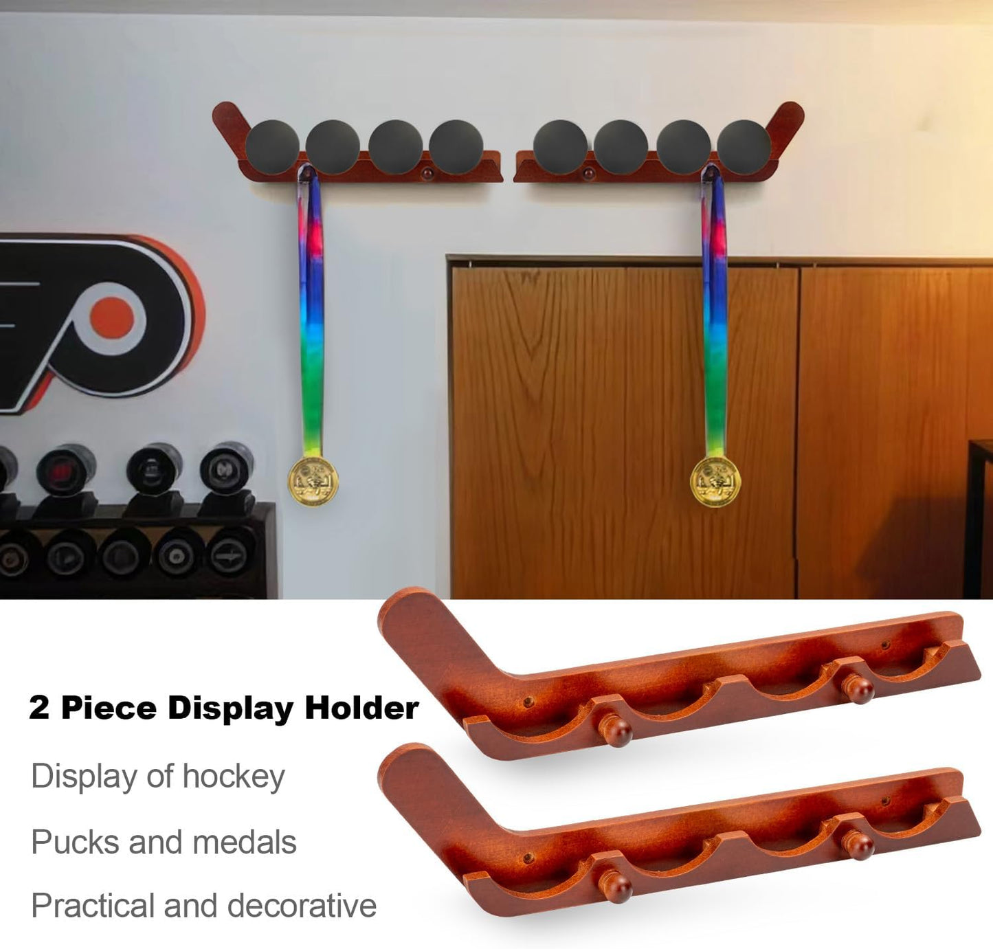 2 Pack Hockey Puck Display Case for Father's Day Gifts, Wooden Wall Mount Holder with Hooks - Hockey Puck Holder Living Room Stick Decor Accessory for Player Team Gift - Brown