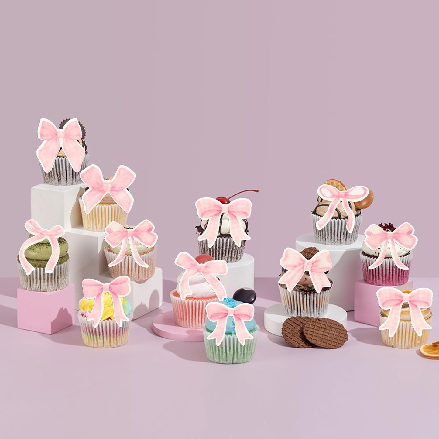 Gyufise 50Pcs Edible Pink Bowknot Cupcake Toppers Wafer Paper Bowknot Cake Dessert Picks Drink Topper Baby Shower Princess Cupcake Toppers for Birthday Party Decoration Supplies