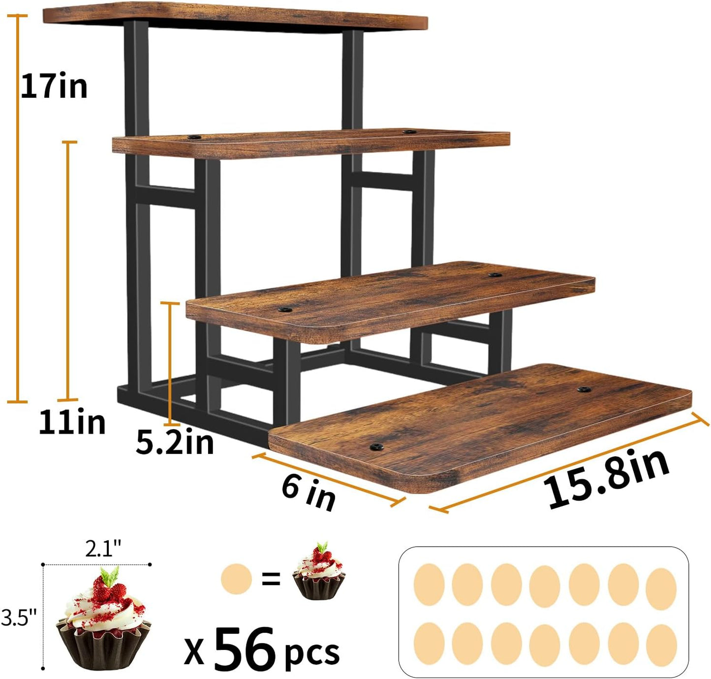 Cupcake Stand for 50 Cupcakes, 4 Tier Wooden Risers Display Stands Stepped Dessert Table Display Set with Metal Frame Tiered Tray Stand Serving Trays for Party Farmers Market Display