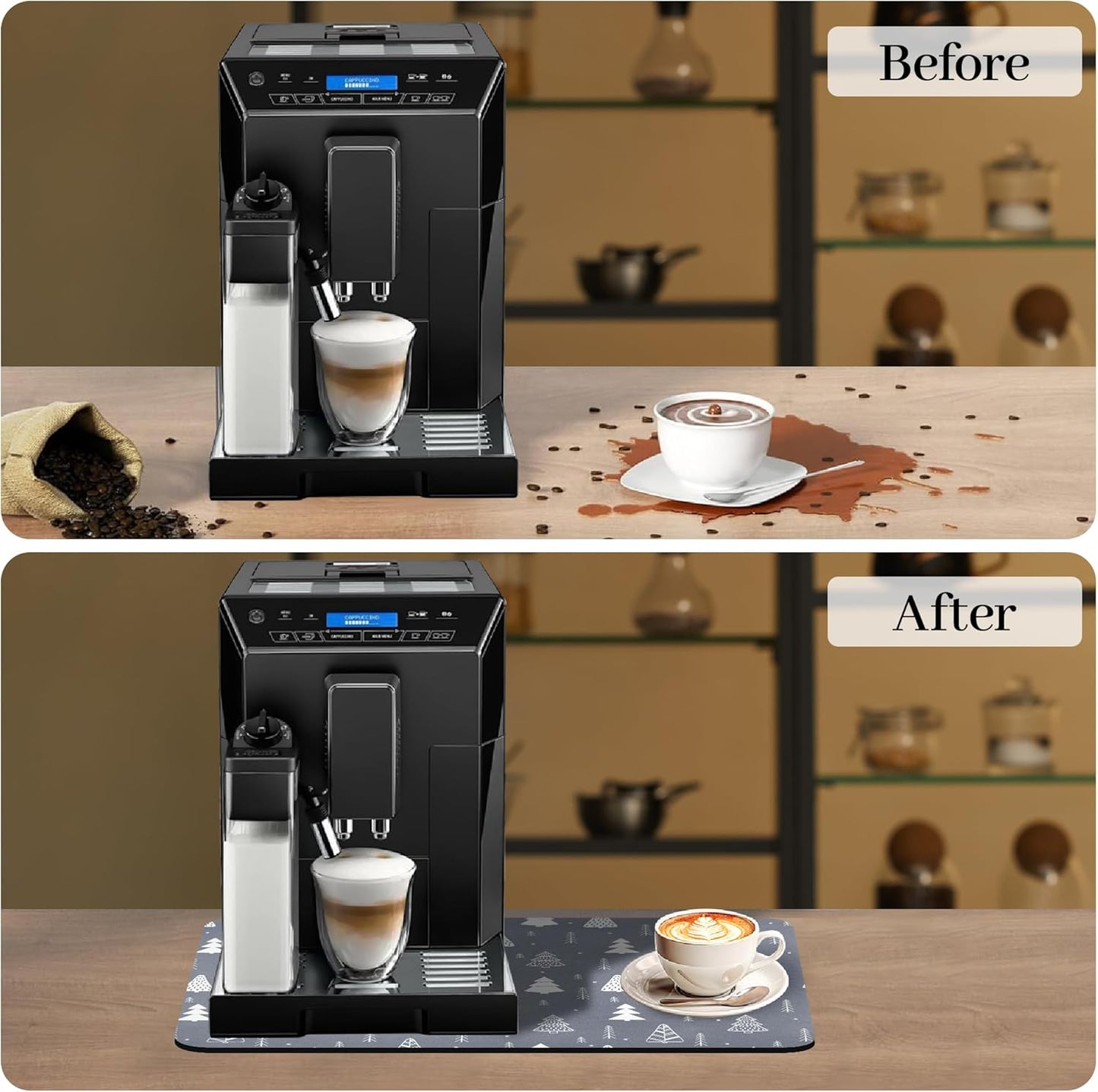 Bloss Coffee Mat, Christmas 12"x19" Bar Mat with Waterproof Rubber Backing, Fit Under Coffee Maker Machine/Kitchen Counter/Dish Drying Mat-Grey and Pine