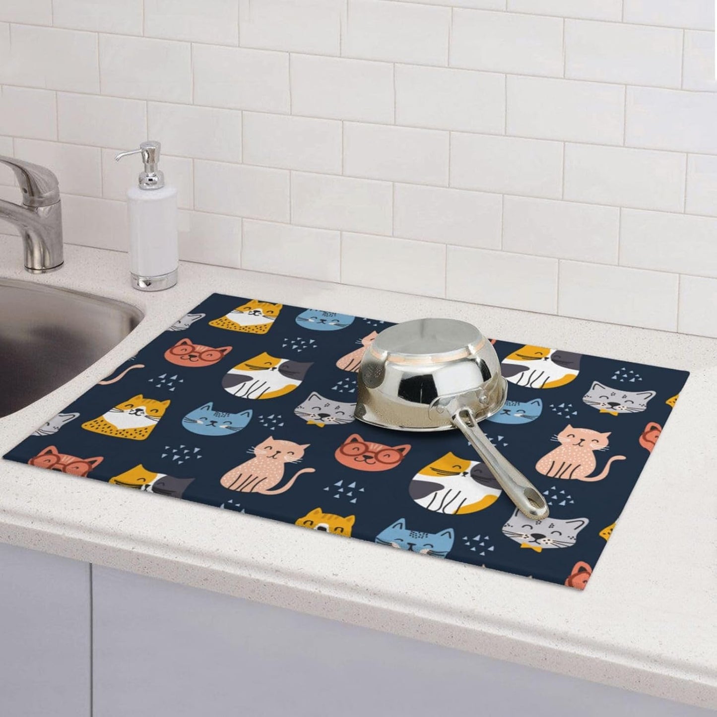 Absorbent Microfiber Dish Drying Mat, Quick Dry Pad for Sink Dishes or Under Rack, Kitchen Counter Accessories, Reusable Washable Extra Large 18"x24" (Cute Cats,Navy blue)