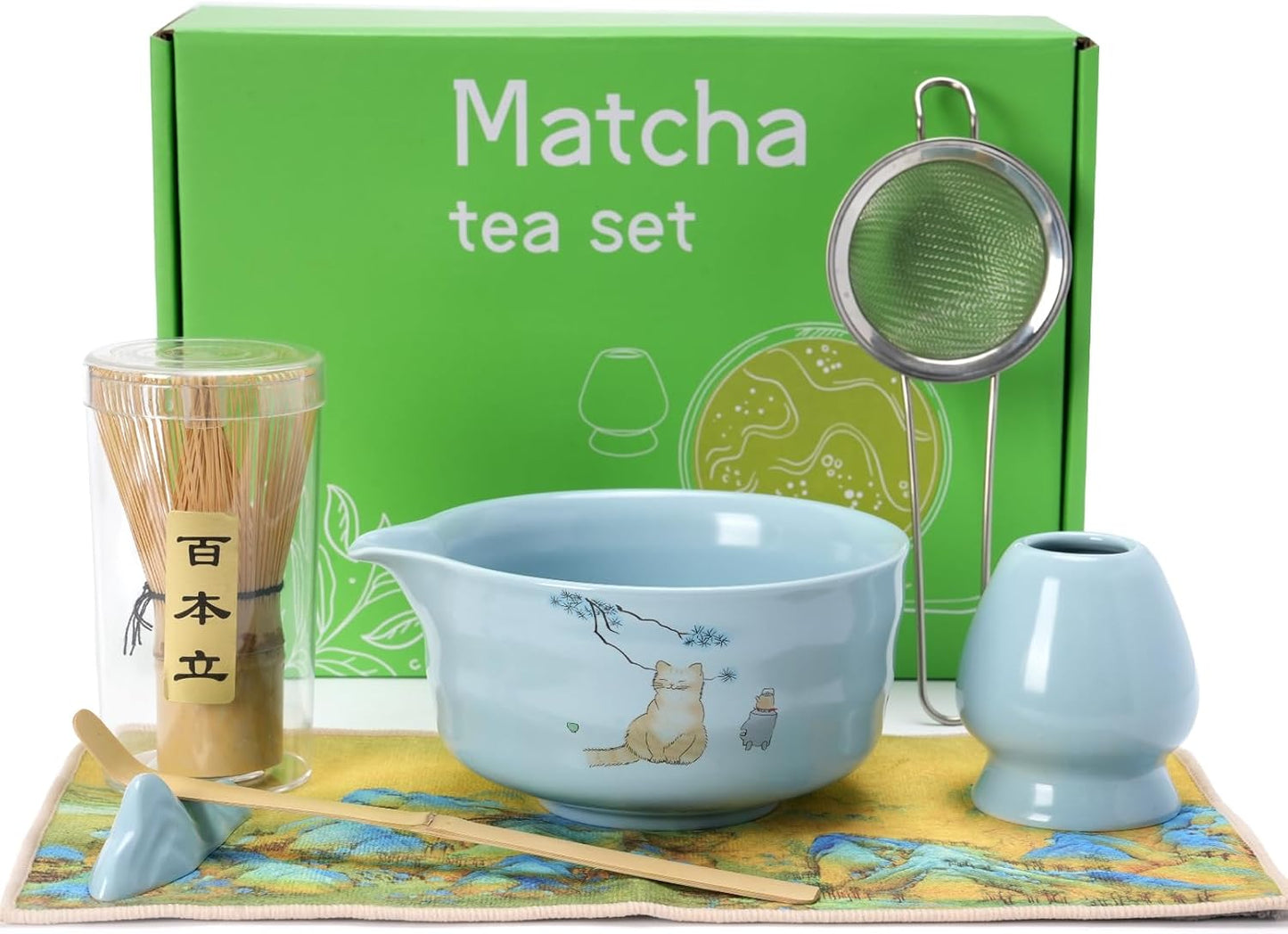 Matcha Set, Japanese Tea Set Includes Matcha Bowl, Matcha Whisk and Holder, Bamboo Scoop, Scoop Rest, Sifter and Tea Towel-7 Pcs, Ceramic Matcha Kit for Tea Lovers (Blue)