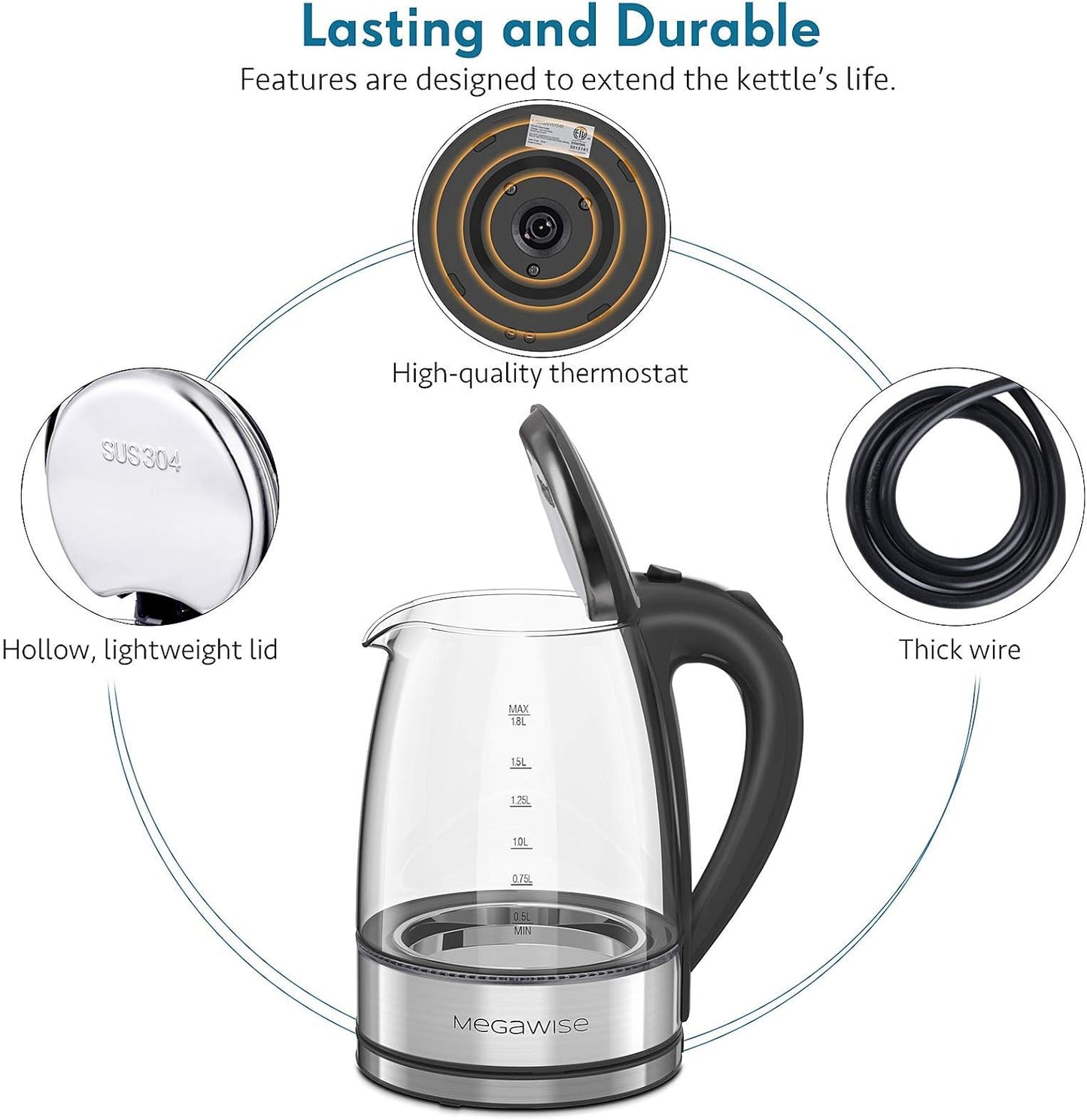 MegaWise Electric Kettle, 1.8L Borosilicate Glass Tea Kettle with LED Light, Auto Shut-Off and Boil-Dry Protection Cordless Kettle Fast Boiling