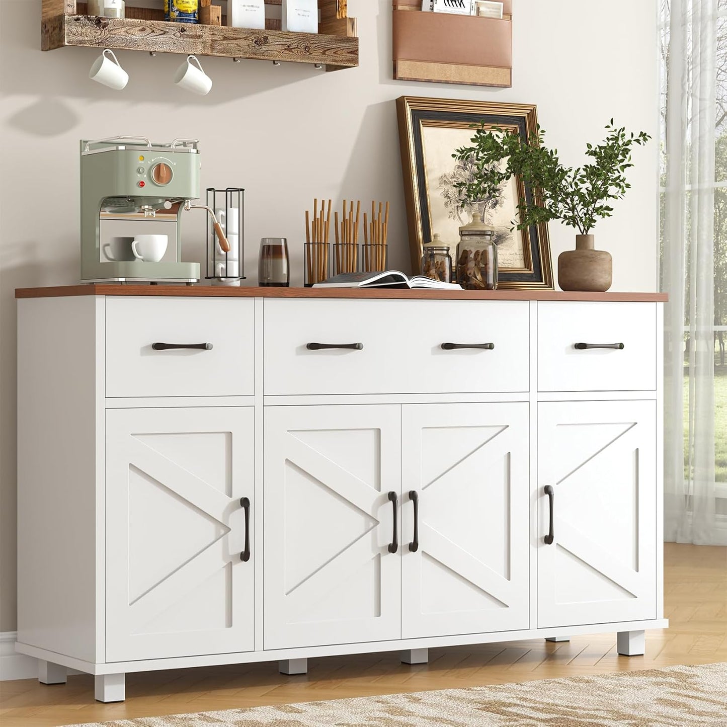 55" Sideboard Buffet Cabinet with Storage, Coffee Bar Cabinet with 3 Drawers and 4 Barn Doors, Long Storage Cabinet Modern Farmhouse, White Wood, for Kitchen, Dining Room, Living Room
