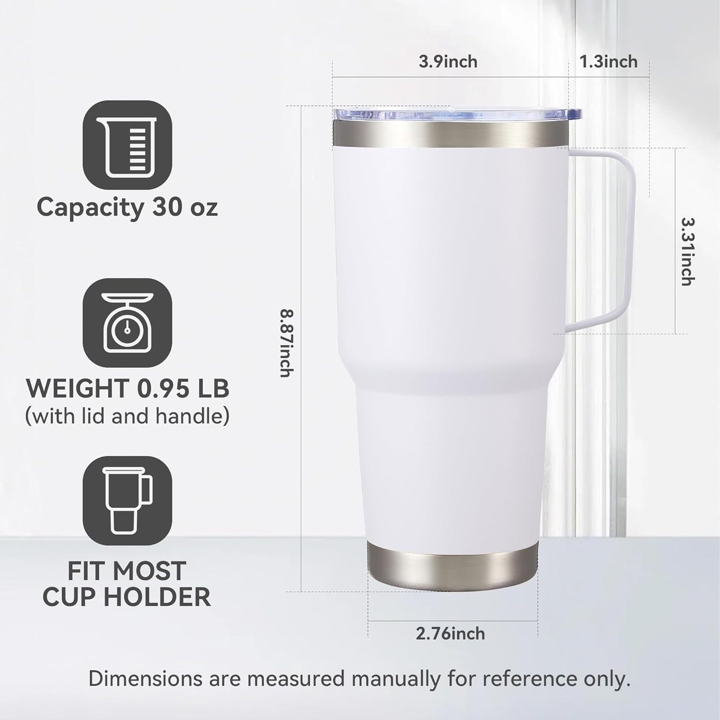 30 oz Tumbler with Handle and Lid, Stainless Steel Tumblers Bulk Double Wall Vacuum Insulated Travel Mug Leak Proof Cup Keep Drinks Cold and Hot White, 4 Pack