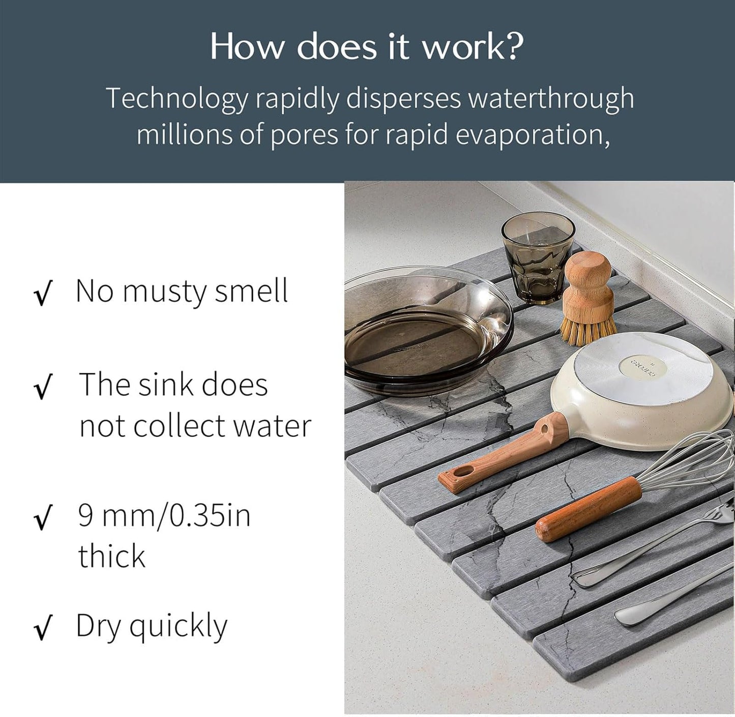 2 PCS Large Stone Dish Drying Mat for Kitchen Counter, , Marbled Water Absorbing Diatomaceous Earth Drying Pad for Countertop Bottles Utensils Cups 24"x16"& 8"x4"