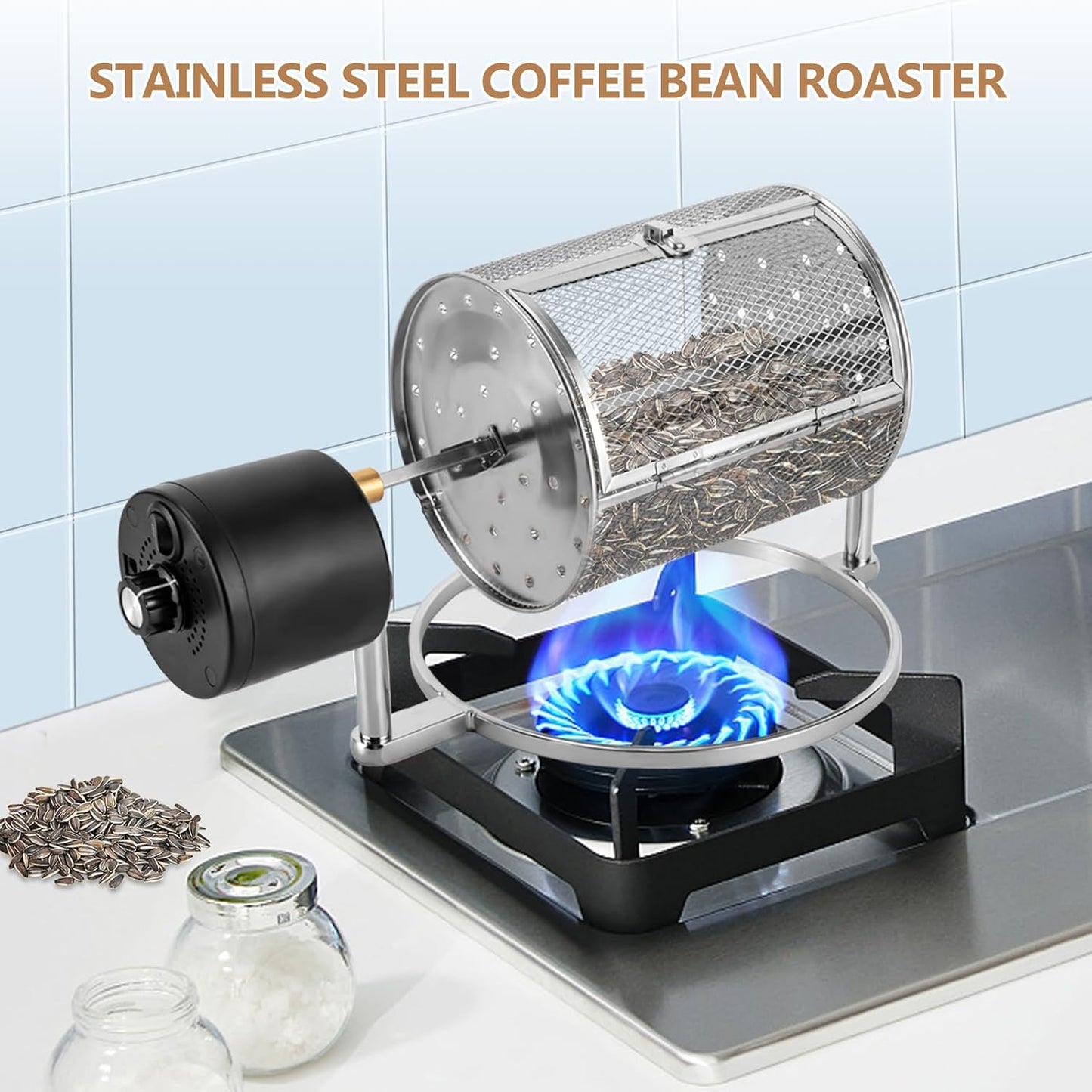 Coffee Roaster Machine for Home Use, Stainless Steel 14W Electric Coffee Roaster Machine with Tray, Speed Adjust, Auto-matic Nuts Coffee Bean Roaster Drum for Homes, Cafes, Hotels Silver