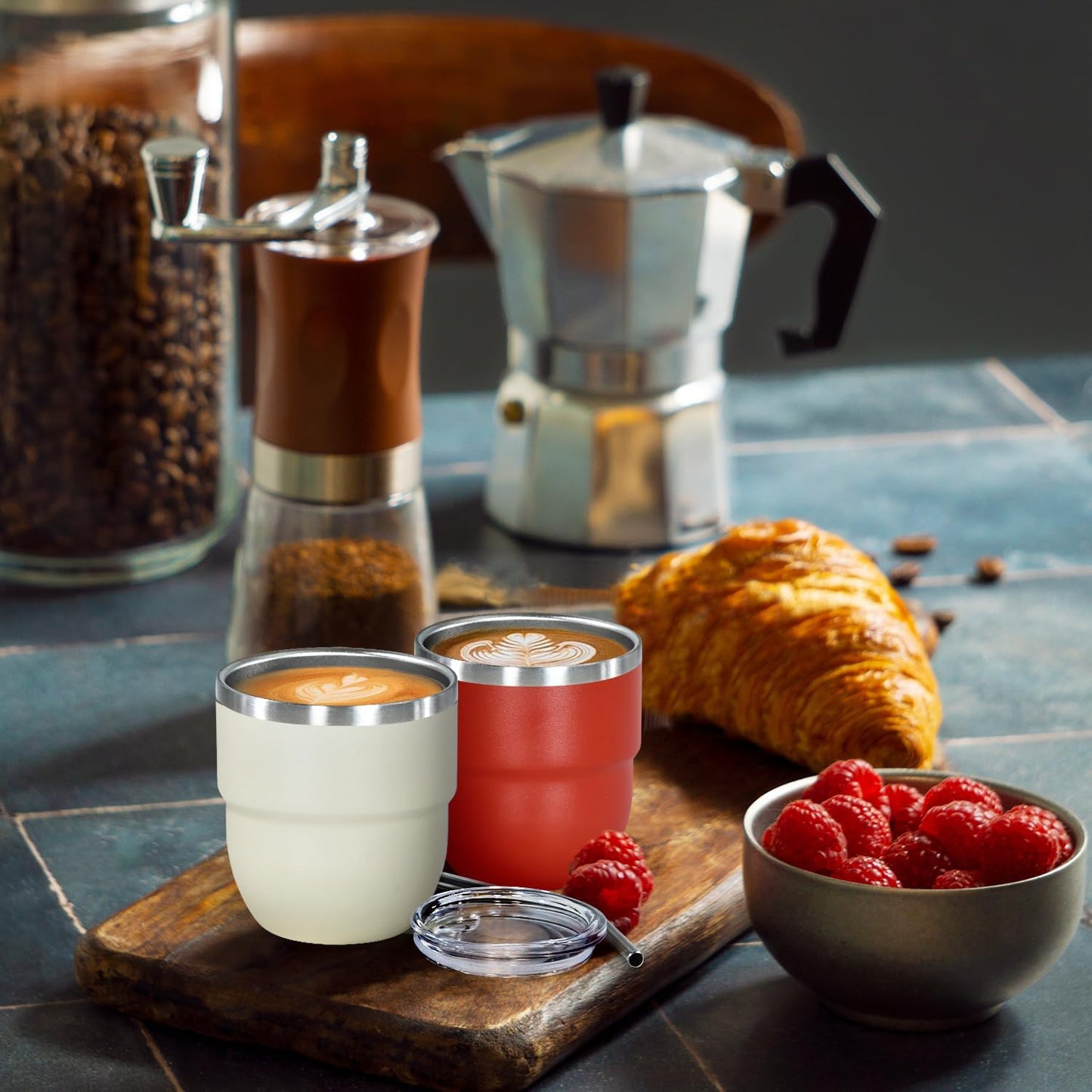 4oz Stackable Cup, Vacuum Insulated Espresso Cup Set of 2, Espresso Shot Glass for Coffee, Double Wall Stainless Steel Mini Tumbler Shot Glasses with Straw and Lid (A-red2P, 4oz)