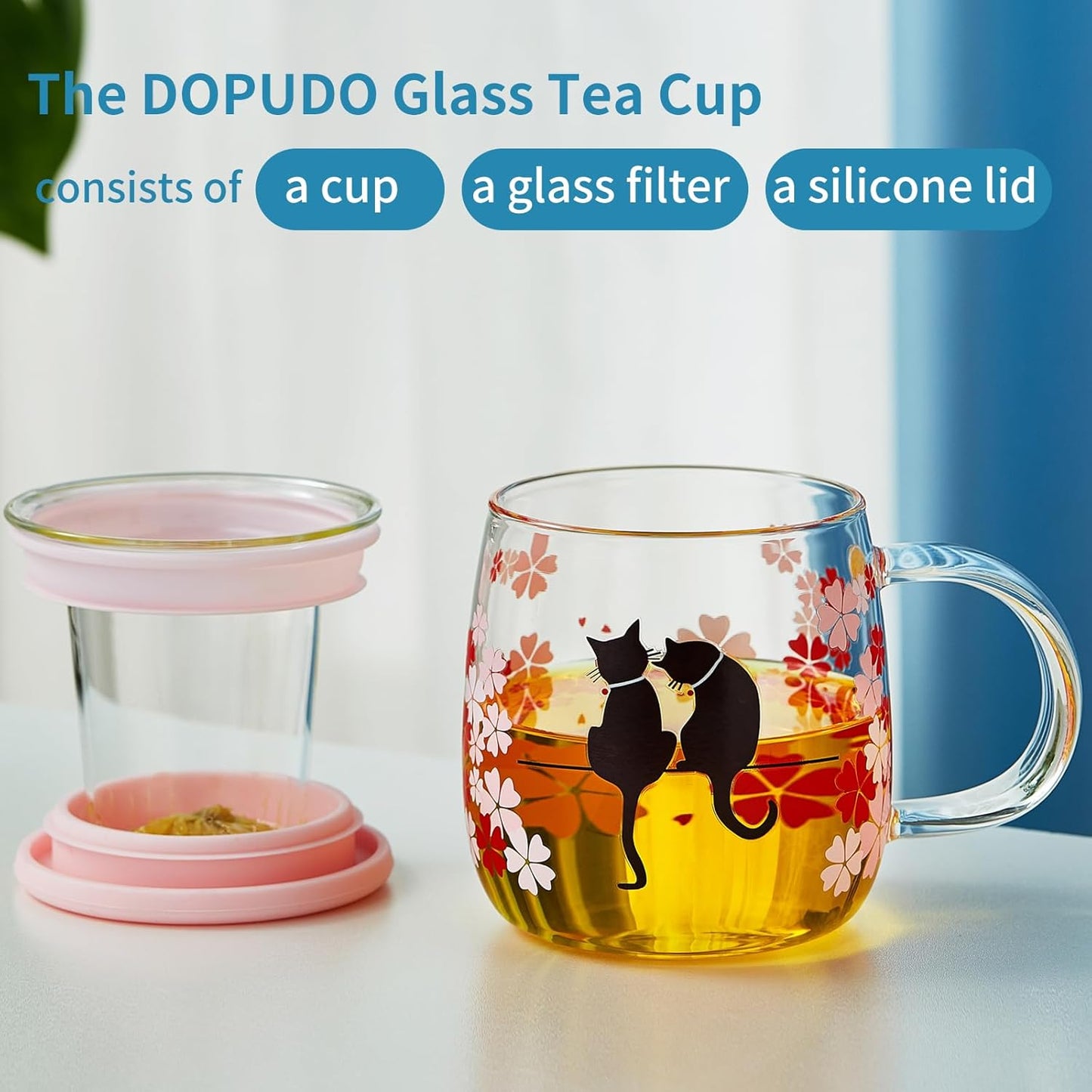 Glass Tea Cup with Infuser and Lid, 16.2oz/480ml Large Borosilicate Teacup,Tea Glass, Clear Mug for Loose Leaf Tea, Blooming Tea, Microwave & Dishwasher Safe - Tea Maker Gift for Birthday