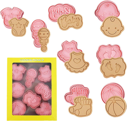 8 Pcs Cute Baby Shower Cookie Cutters for Baking Plastic Cookie Stamps Newborn Party Biscuit Mould Set DIY Fondant Biscuit Stamps Kitchen Tools(L8)