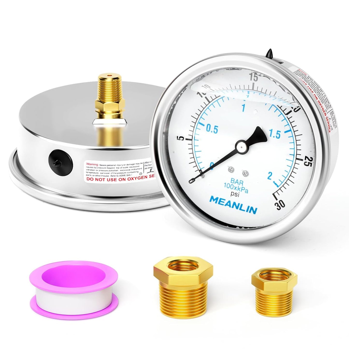 MEANLIN MEASURE 0~30Psi Stainless Steel 1/4" NPT 4" FACE DIAL Liquid Filled Pressure Gauge WOG Water Oil Air Back Mount, with 1/4" x 1/2" NPT and 1/4" x 3/8" NPT Hex Bushing