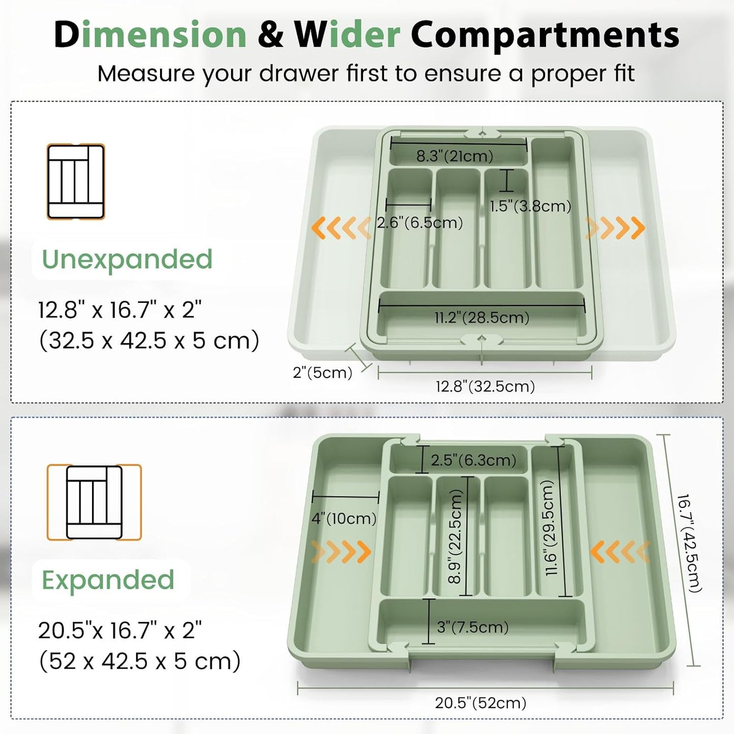 Caperci Large Silverware Organizer for Kitchen Drawer & Utensils - Expandable Drawer Organizer for Cutlery, Flatware & Gadget, BPA-Free Thick Plastic, Wider Compartments & Non-skid Feet (Sage Green)