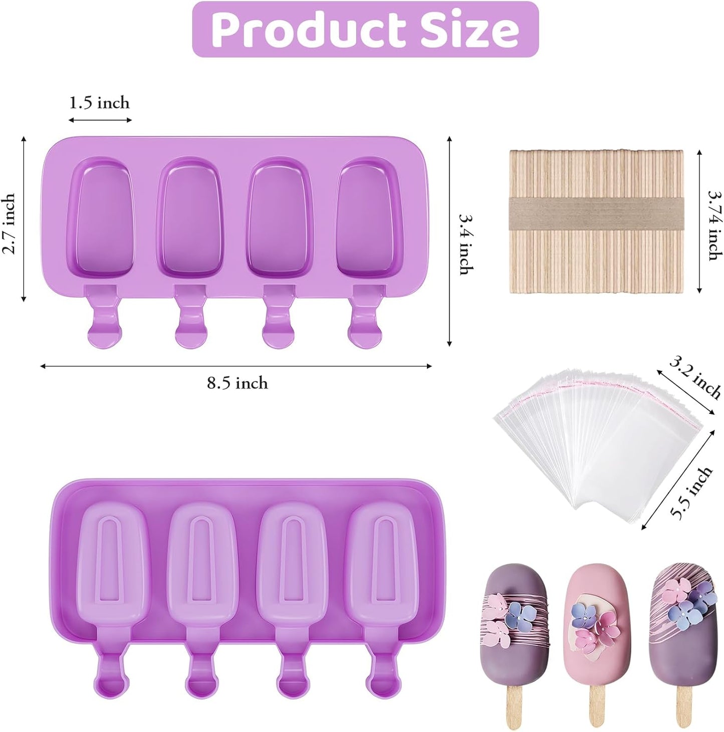 Ouddy Life Popsicle Molds Set of 2, Ice Pop Molds Silicone 4 Cavities Ice Cream Mold Oval Cake Pop Mold with 50 Wooden Sticks for DIY Popsicle (Purple) (Purple)