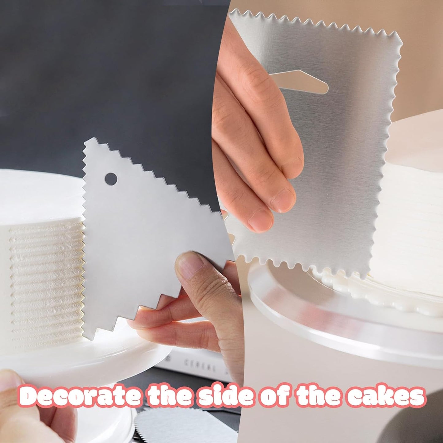 4 PCS Cake Scraper, Stainless Cake Smoother, Icing Smoother, Side Pattern Edge Stripes with Smooth Edges for Pastry Cutting and Mousse Cream Cake Decoration
