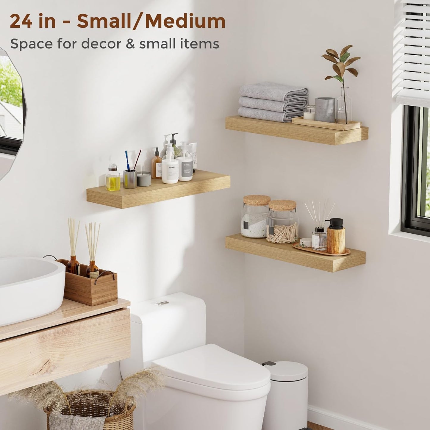 Heimlove 48 Inch Floating Shelves for Wall 8 Inch Deep Oak Shelves Set of 2,Wall Mounted Rustic Wood Long Floating Shelf，Large Display & Storage Shelf with Invisible Brackets