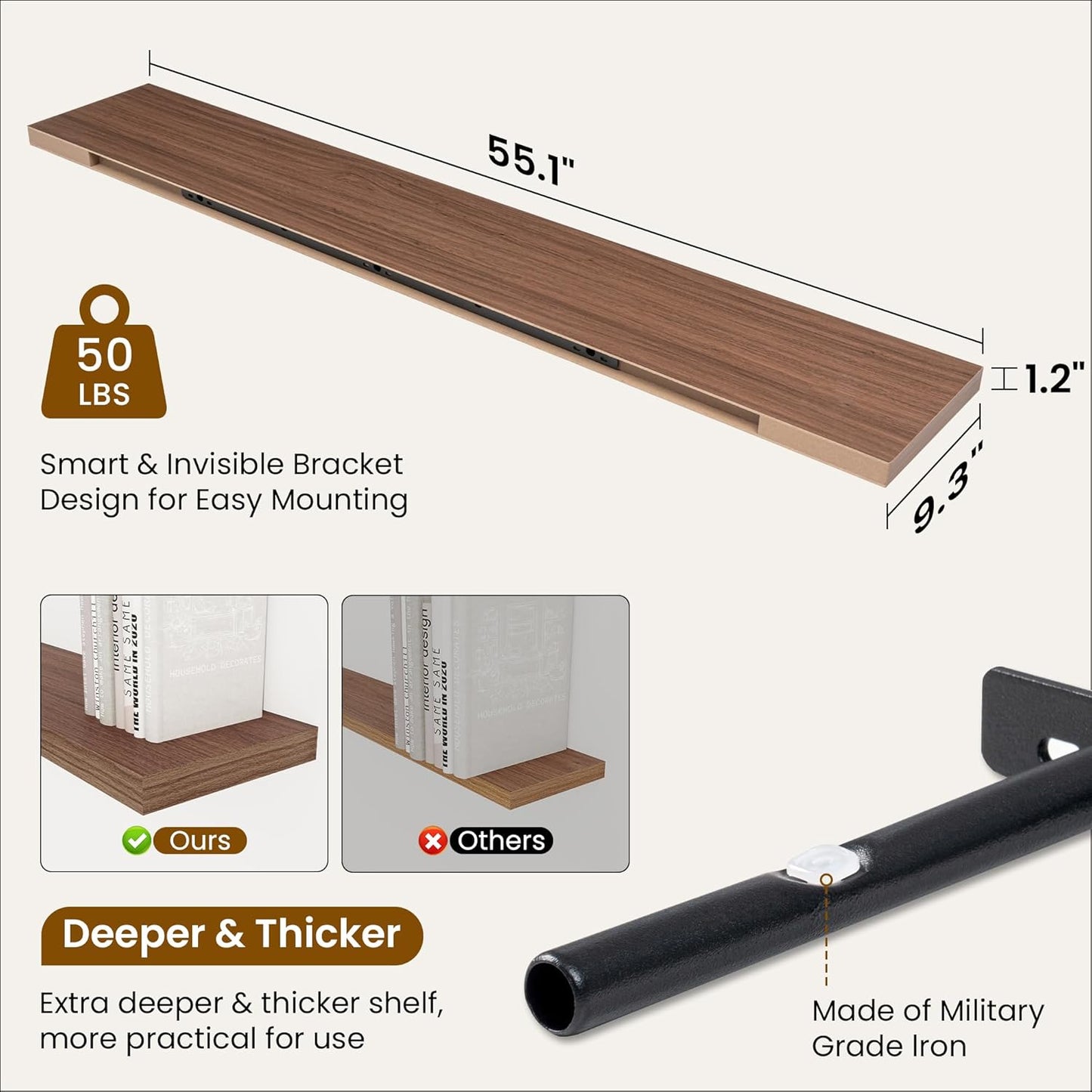 Fun Memories 55 Inch Fireplace Mantel Shelf -Long Floating Shelves, Deep Wall Mounted Farmhouse Display Shelves with Invisible Heavy Duty Metal Bracket, Walnut, 2 Pack