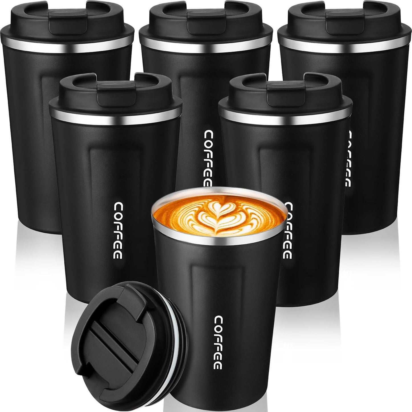 6 Pack Travel Coffee Mugs 12oz Double Wall Insulated Coffee Cups Bulk with Lid Vacuum Stainless Steel Leak Proof Reusable Portable Tumblers for Cold and Hot Drinks(Black)