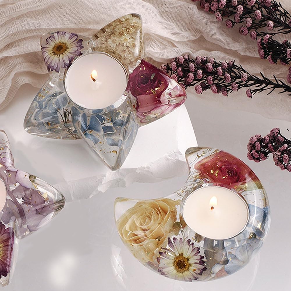 BIGEBO Candle Holder Resin Mold, Star Moon Shaped Tealight Trinket Holder Silicone Mold for Art Craft Making Home Decor