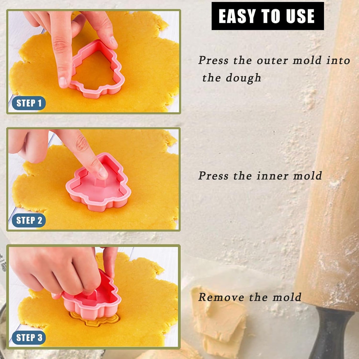 8 Pcs Christmas Cookie Cutters Set Baking Molds 3D Christmas Press type Cookie Cutter for Baking, Fondant, Cheese, and Pastries