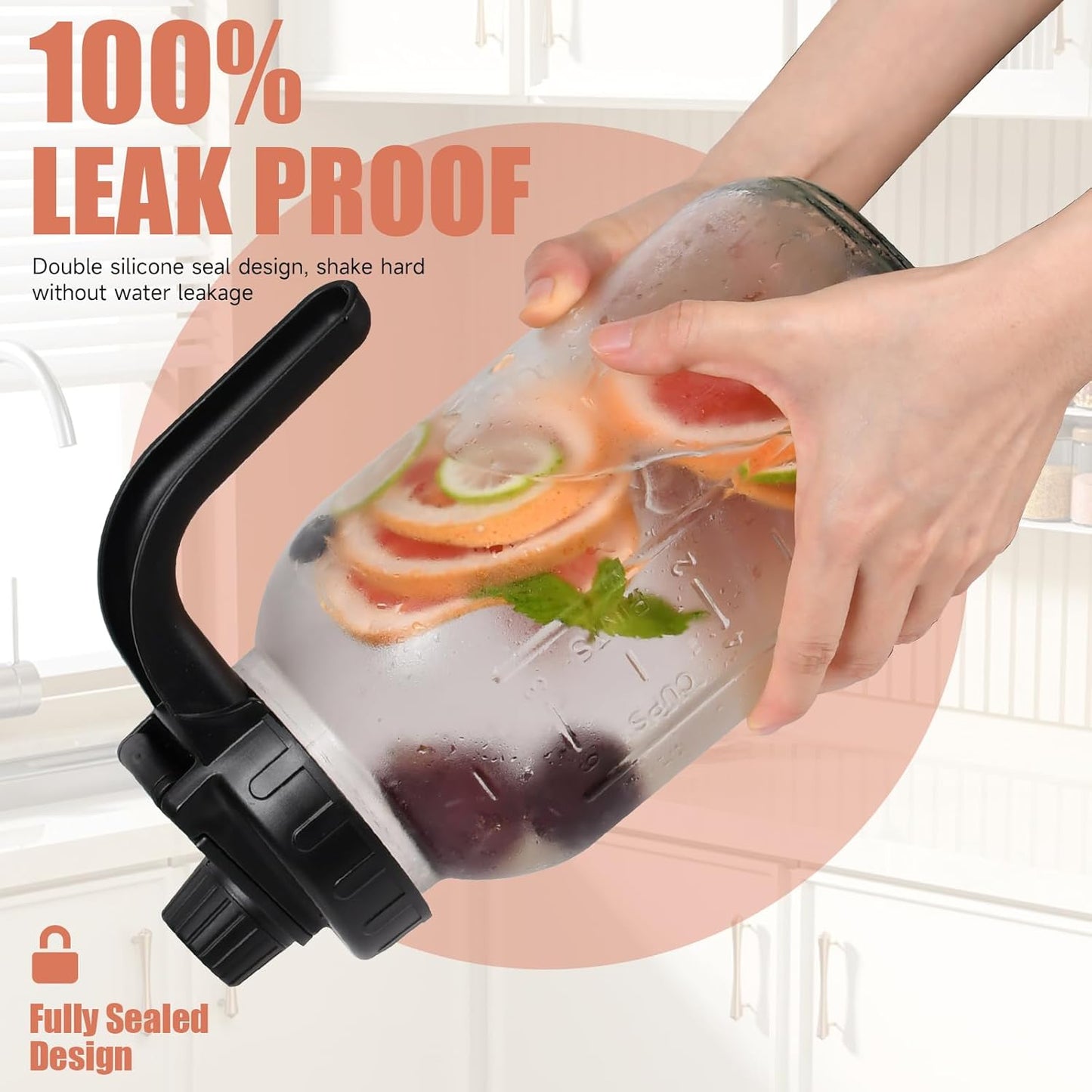 2 Pack 64oz Glass Mason Jar Pitchers with Wide Mouth & Measurement Marks – Leak-Proof Twist Lids for Cold Drinks, Iced Tea, Lemonade, and Juice