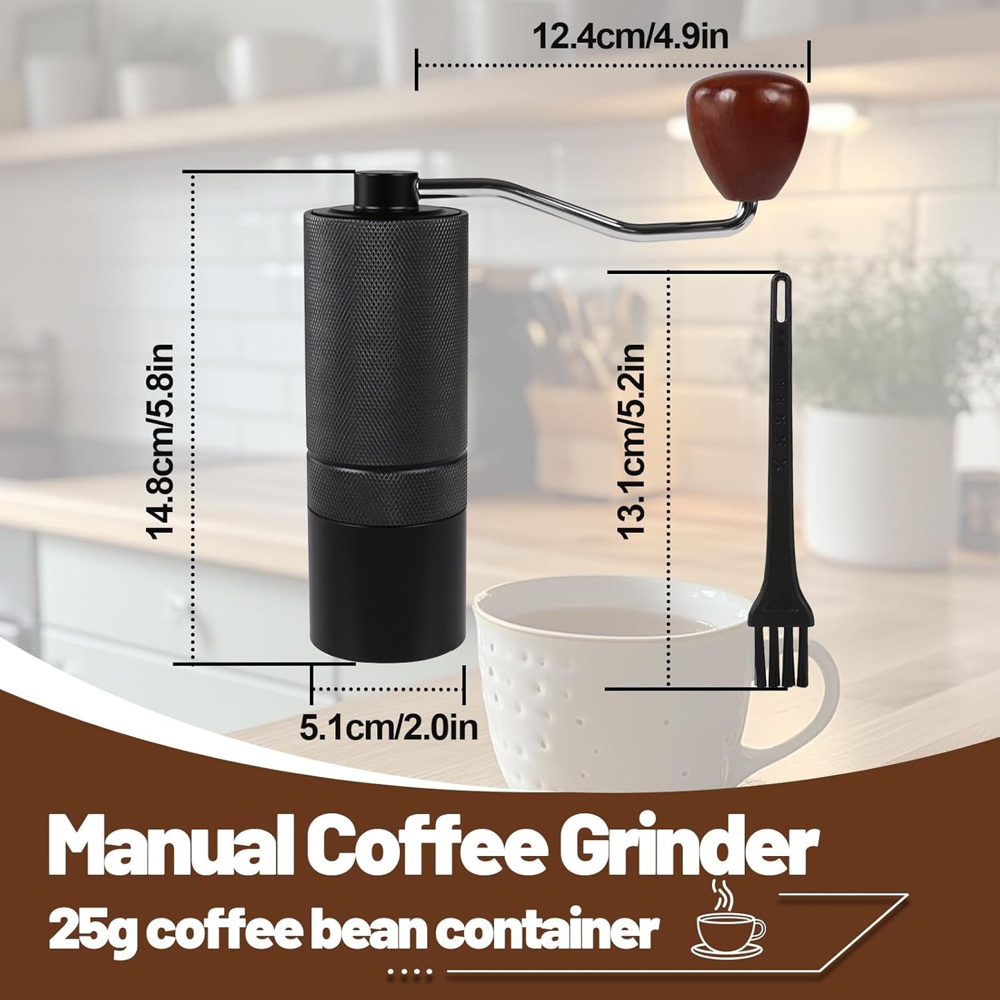 Manual Coffee Grinder Detachable Stainless Steel Conical Burr Aluminum Coffee Bean Grinder with 25 Grinding Settings Cleaning Brush Grindable Espresso Moka Pot French Press for Camping Black