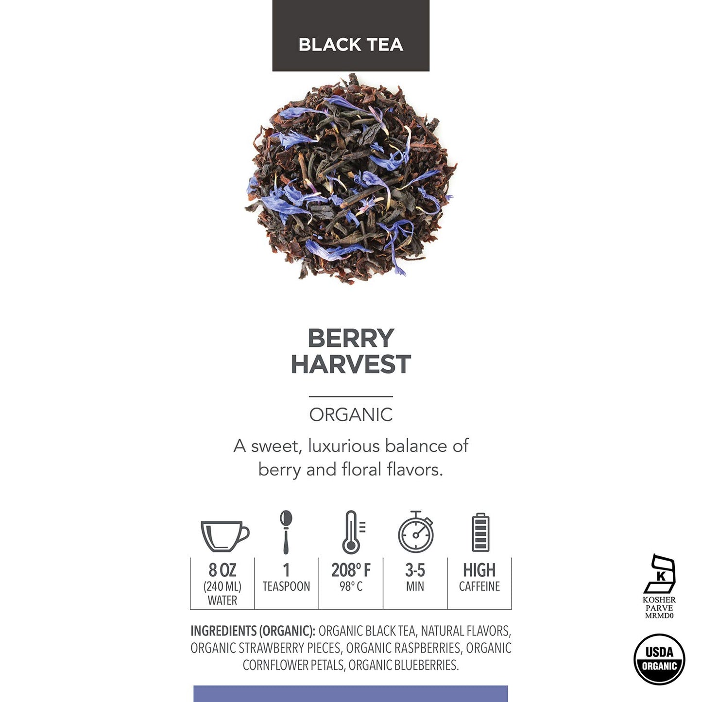 Teabloom Organic Fruity Black Tea, Berry Harvest Loose Leaf Tea, USDA Certified Organic & Kosher, Fresh Whole Leaf Blend in Reusable Gift Canister, 2.82 Ounce Loose Leaf Tea Canister Makes 35-50 Cups