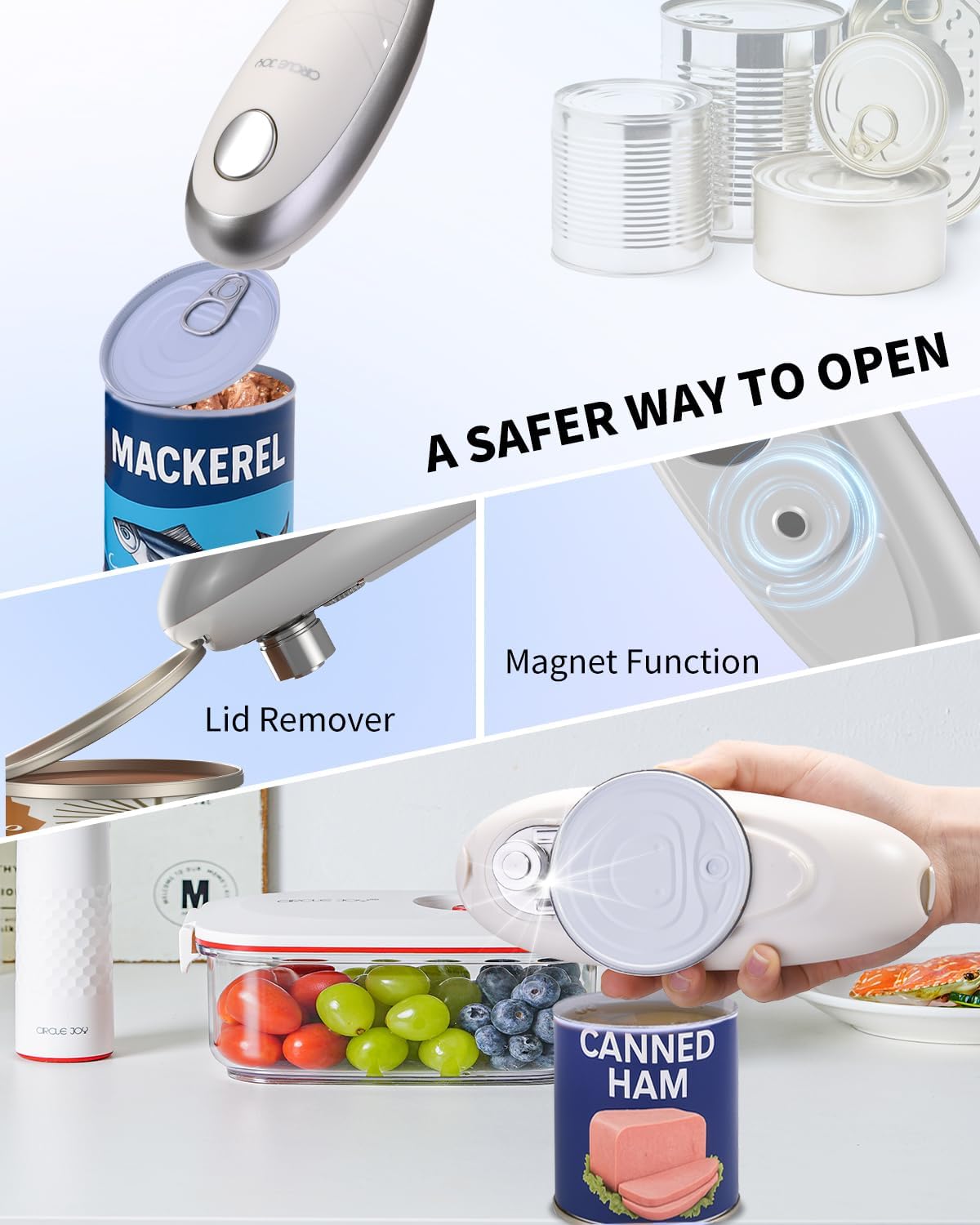 CIRCLE JOY Electric Can Opener, One-Touch Automatic Can Opening with Smooth Edges, Food Safety Handheld Battery-Operated Can Opener for Kitchen and Seniors,Silver