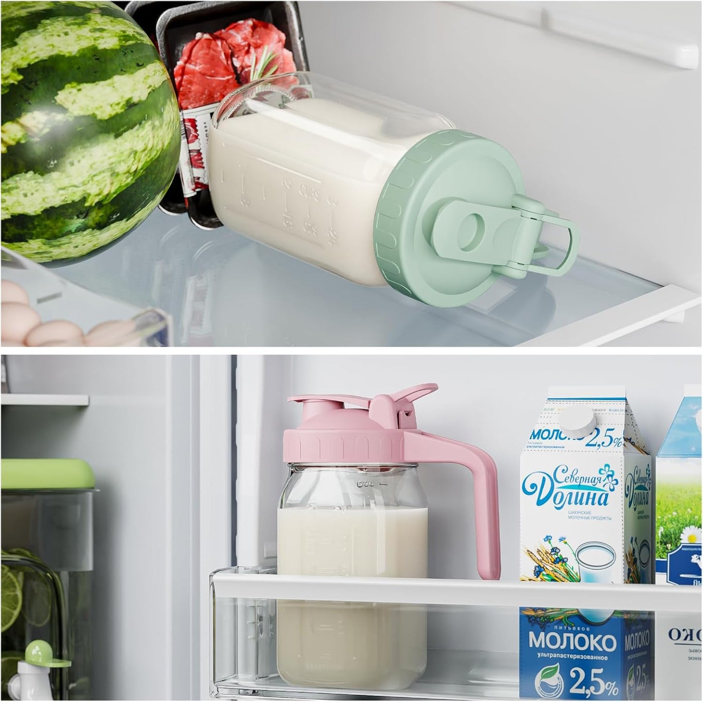 Breast Milk Pitcher Jug - 32 oz Glass Mason Jar Airtight Pitcher with Pour Spout Handle for Breastmilk, Iced Tea, Ice Drinks Storage Container（Pink）