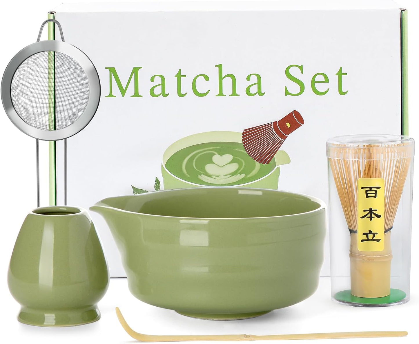 Matcha Whisk Set - 5PCS Matcha Set Includes 17OZ Chawan with Spout, Bamboo Chasen Whisk with Ceramic Holder, Mat cha Scoop and Stainless Sifter, Matcha Kit for Ceremony, Gift for Matcha Lovers