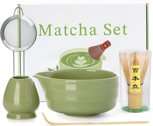 Matcha Whisk Set - 5PCS Matcha Set Includes 17OZ Chawan with Spout, Bamboo Chasen Whisk with Ceramic Holder, Mat cha Scoop and Stainless Sifter, Matcha Kit for Ceremony, Gift for Matcha Lovers