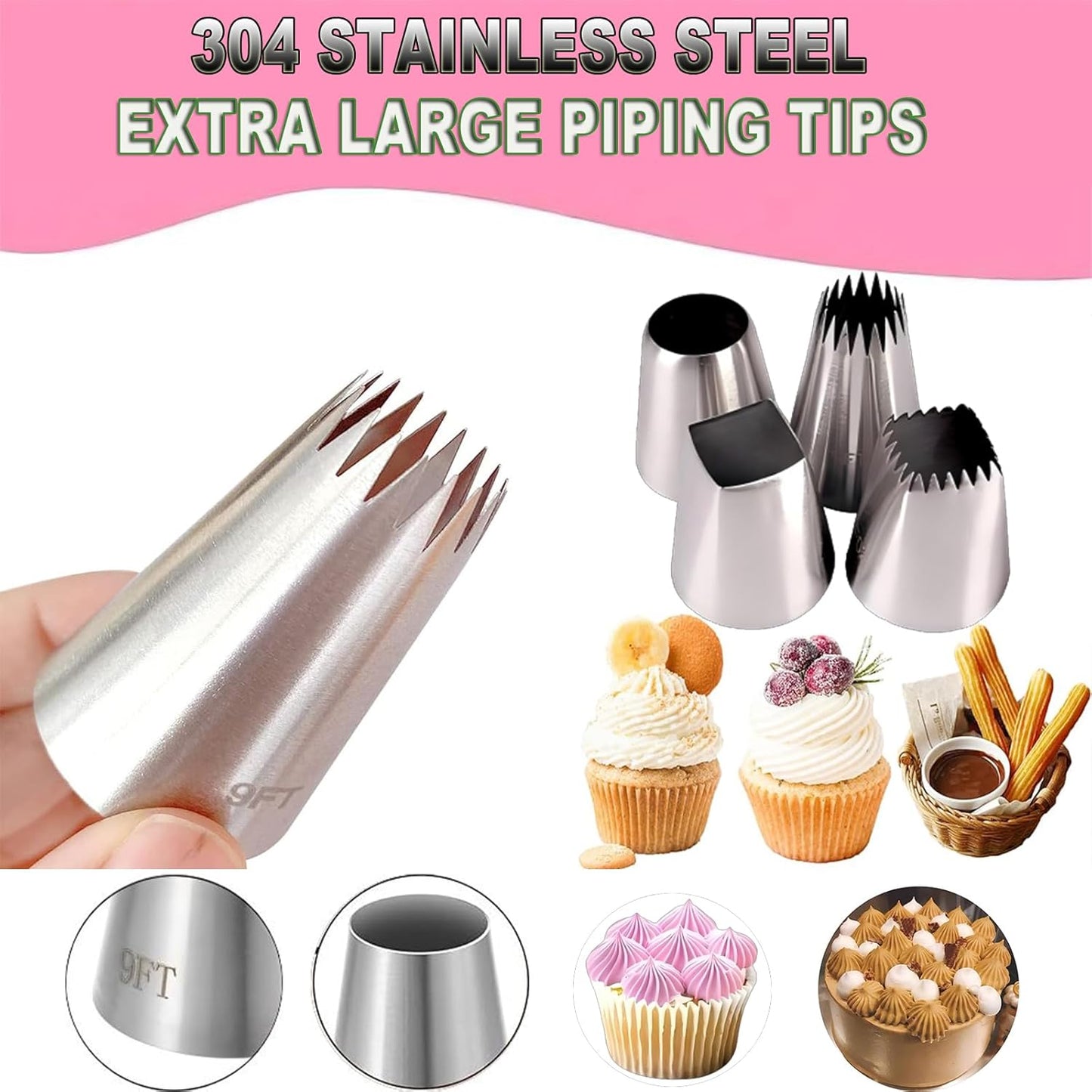 Extra large piping tips set, stainless steel round piping tips,star square wide piping tip jumbo piping tips, Cake DecoratingTips for Cupcakes Pastry Fondant Cakes Decorating （F02 9FT F06 R22L)