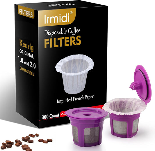 300 Count Disposable Paper Filter with 2 Pack Reusable K Cups Coffee Pods,Compatible with Keurig 2.0 and 1.0 Coffee Maker