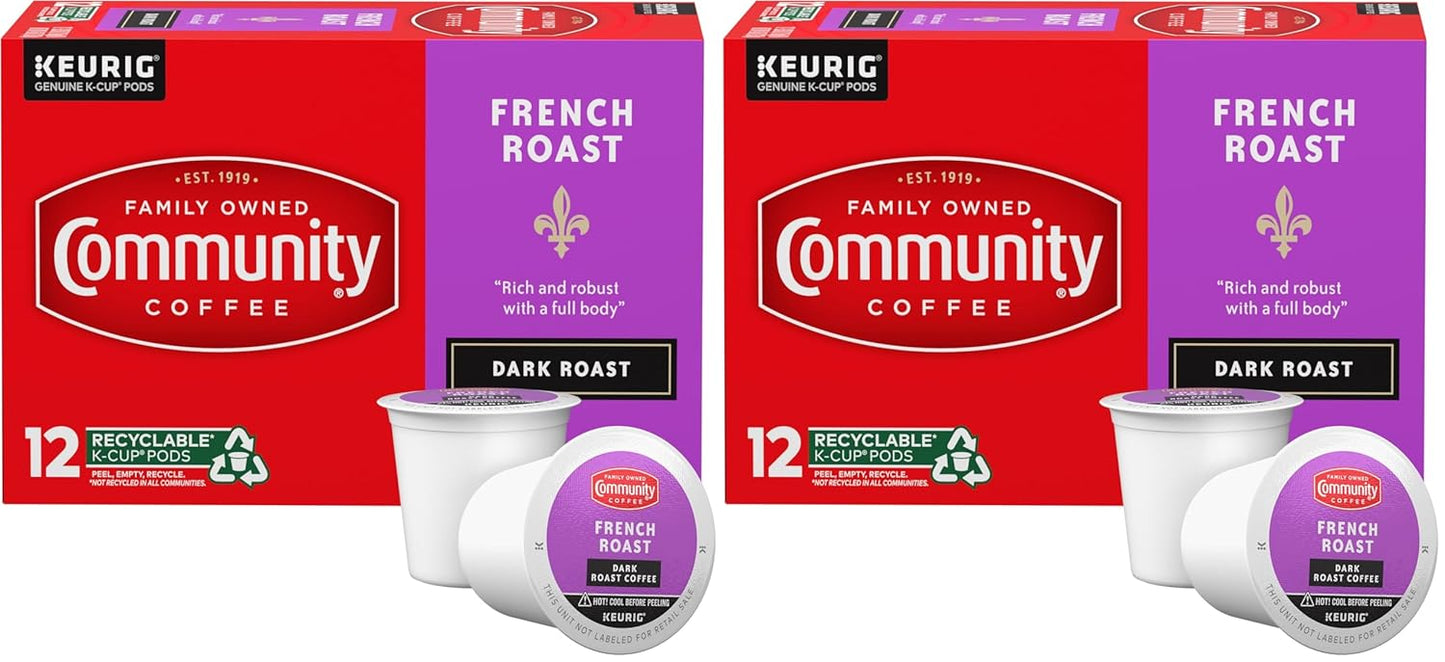Community Coffee French Roast 12 Count Coffee Pods, Extra Dark Roast, Compatible with Keurig 2.0 K-Cup Brewers, 12 Count (Pack of 2)
