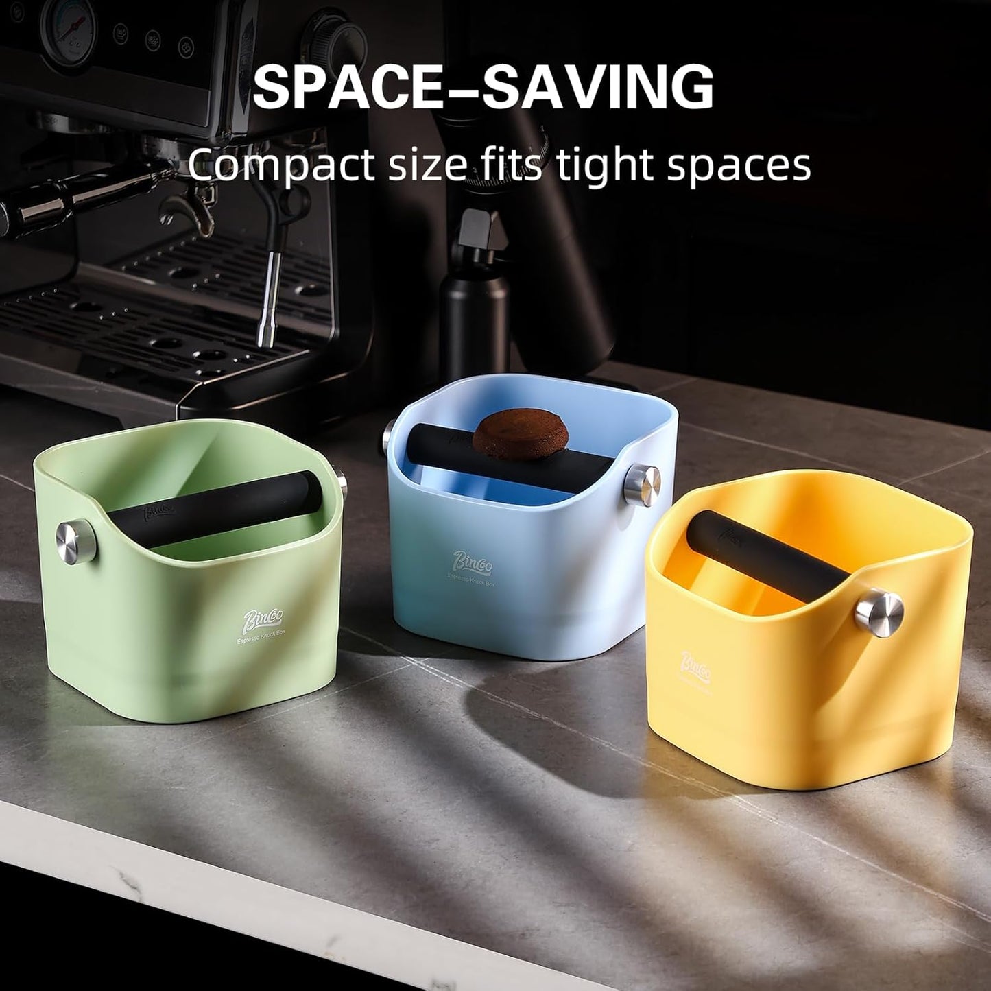 Espresso Knock Box - Bincoo Blue Espresso Machine Knock Box/Espresso Grounds Knock Box, Barista Style Coffee Knock Box for Grounds with Removable Shock-Absorbent Knock Bar and Anti-Slip Base. (Blue)
