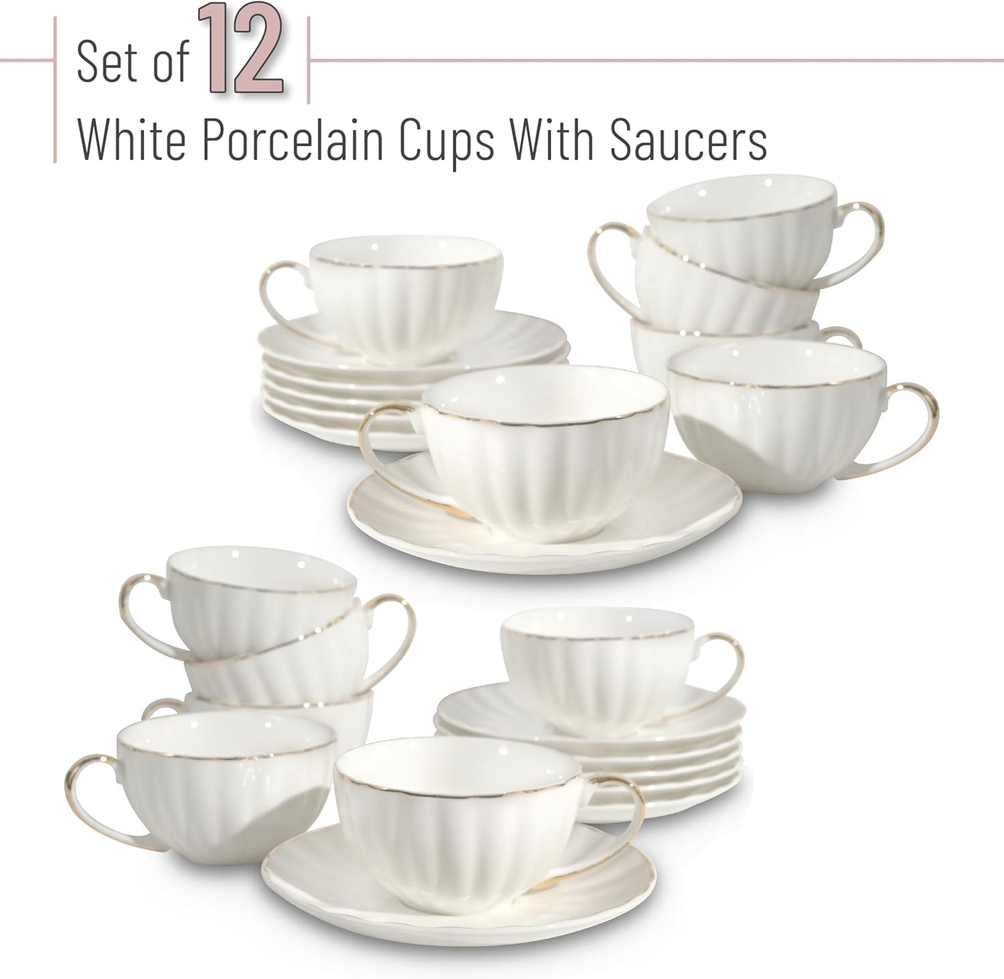 BTaT- White Tea Cups and Saucers Set of 12 (7 oz), Porcelain White Tea Cup Set of 12 with Golden Trim Design, Dishwasher Safe