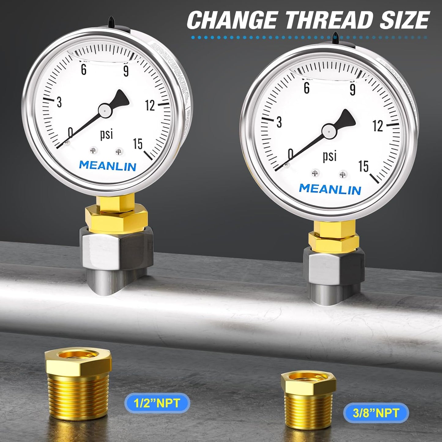 MEANLIN MEASURE 0~15Psi Stainless Steel 1/4" NPT 2.5" Single Scale FACE DIAL,Glycerin Filled Pressure Gauge, WOG Water Oil Air Lower Mount, with 1/4" x 1/2" NPT and 1/4" x 3/8" NPT Hex Bushing