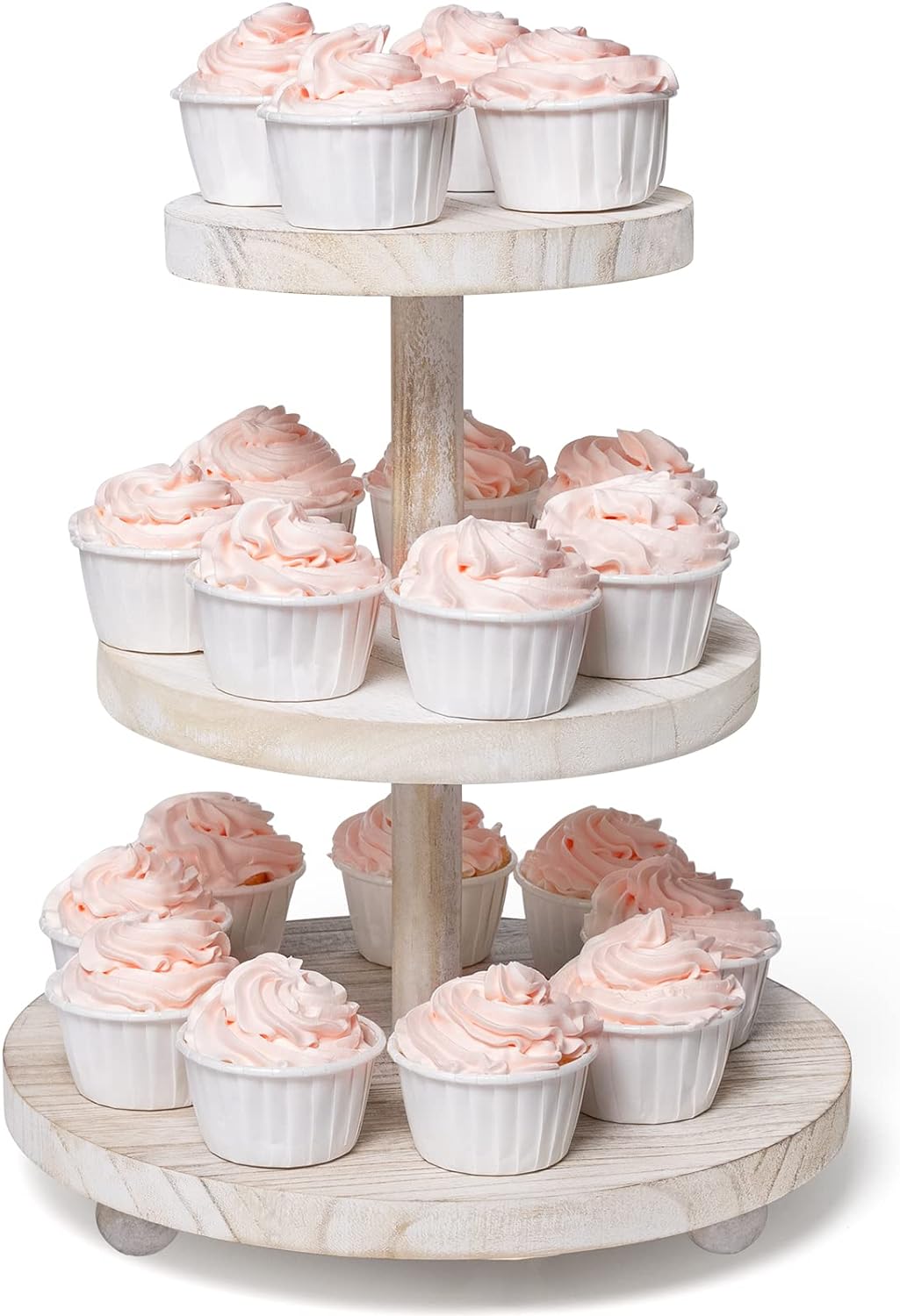 3 Tier Cupcake Stand Round,Wood Cake Stand with Tiered Tray Decor,Rustic Cake Stand for 24 Cupcakes,Cupcake Display for Home Tea Party, Birthday, Wedding, Farmhouse Decor