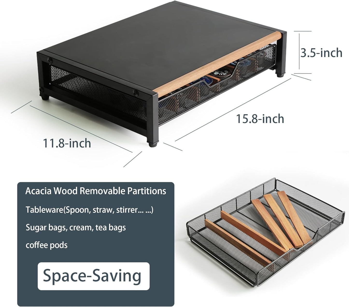 Coffee Pod Drawer,Coffee Station Organizer for Coffee Pod Storage,Movable Solid Wood Partition Board, Counter Coffee Bar Accessories for Nespresso Pods,Cream, Spoon, Sugar（Black)