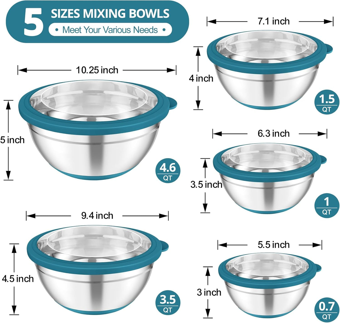 TeamFar Mixing Bowls, 5PCS Stainless Steel Serving Salad Bowls with Lids, For Kitchen Mixing/Baking/Storing/Prepping, Visible & Airtight, Non-Slip Bottom - 4.6/3.5/1.5/1 / 0.7 QT, Dark Blue
