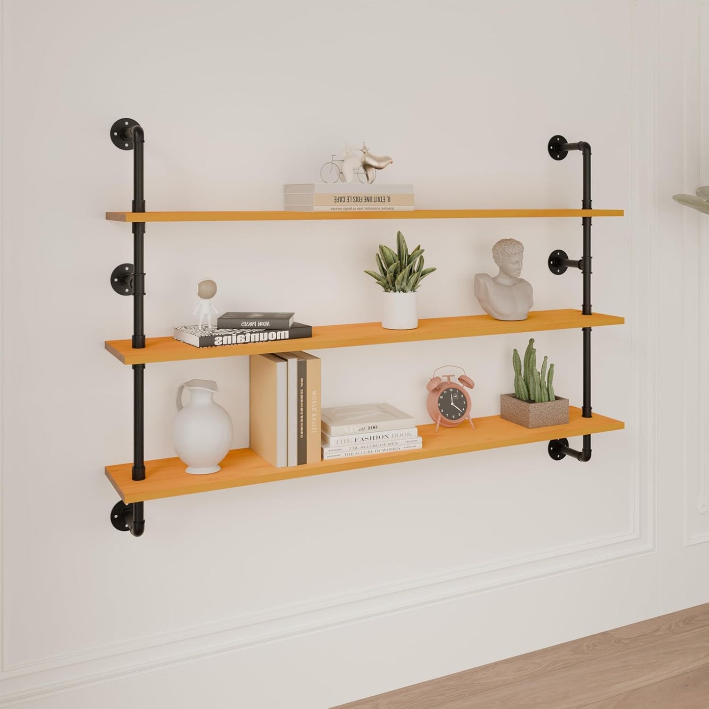 Industrial Pipe Shelving Shelf Rustic Black Wall Shelves Industrial Floating Shelves for Wall 48 Inch Farmhouse Bookshelf Pipe Shelves Living Room Kitchen