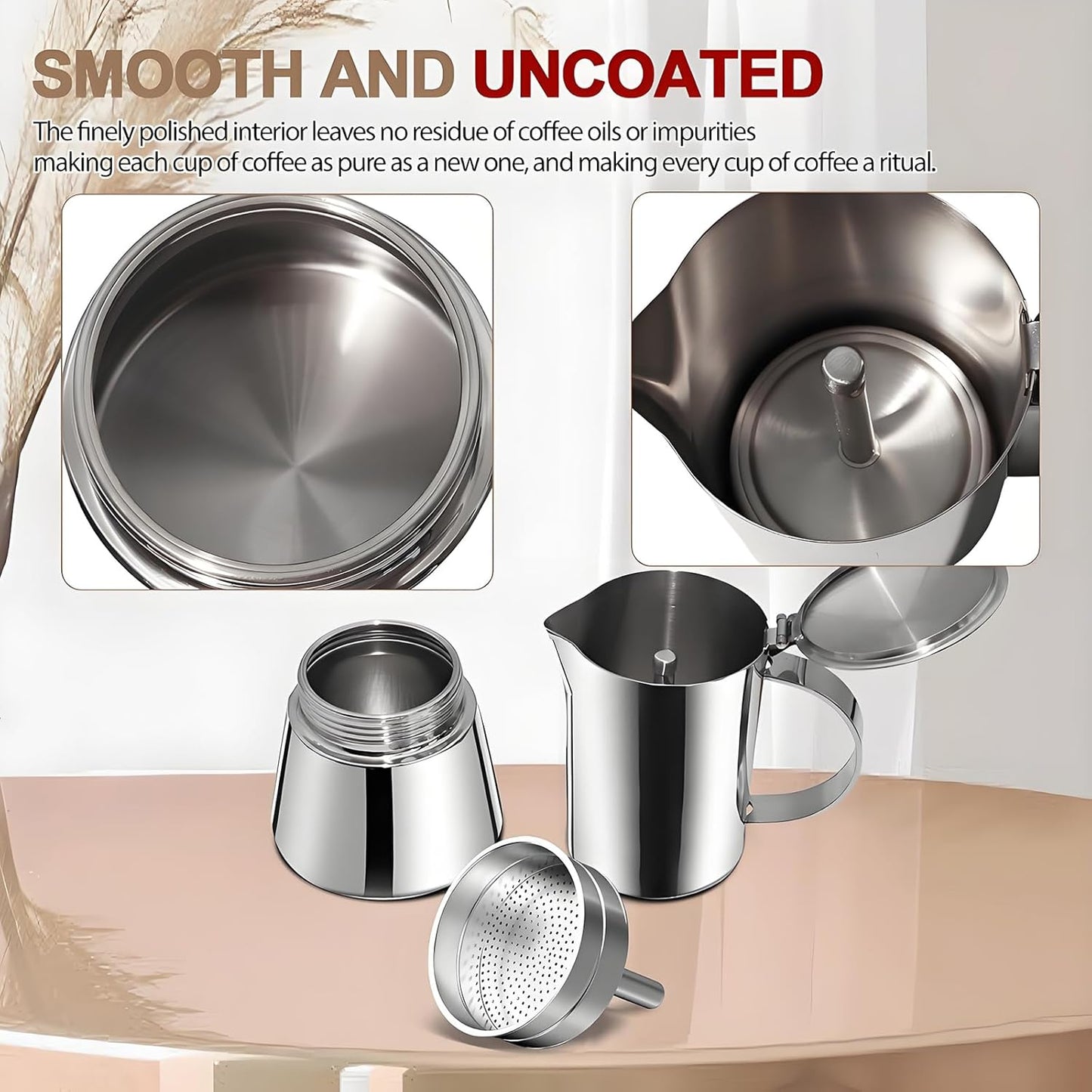 Uncoated 4 Cup Moka Pot 304 Thickened Stainless Steel Coffee Maker Stovetop Espresso Coffeemaker Italian Classic Style Brewing Greca Cafe Mocha Machine for Cafeteras Camping Travel Home 200ml 6.6oz