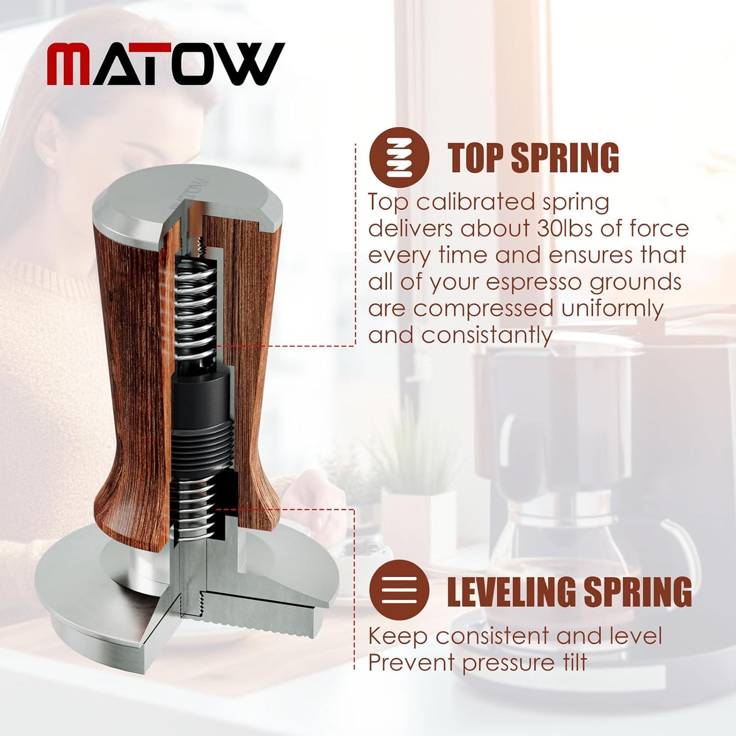 58.5mm Espresso Hand Tamper, Dual Calibrated Spring Loaded Coffee Tamper with Stainless Steel Ripple Base, Pro-barista 30lbs Espresso Tamper with Red Rosewood Handle Fits 58mm Portafilter