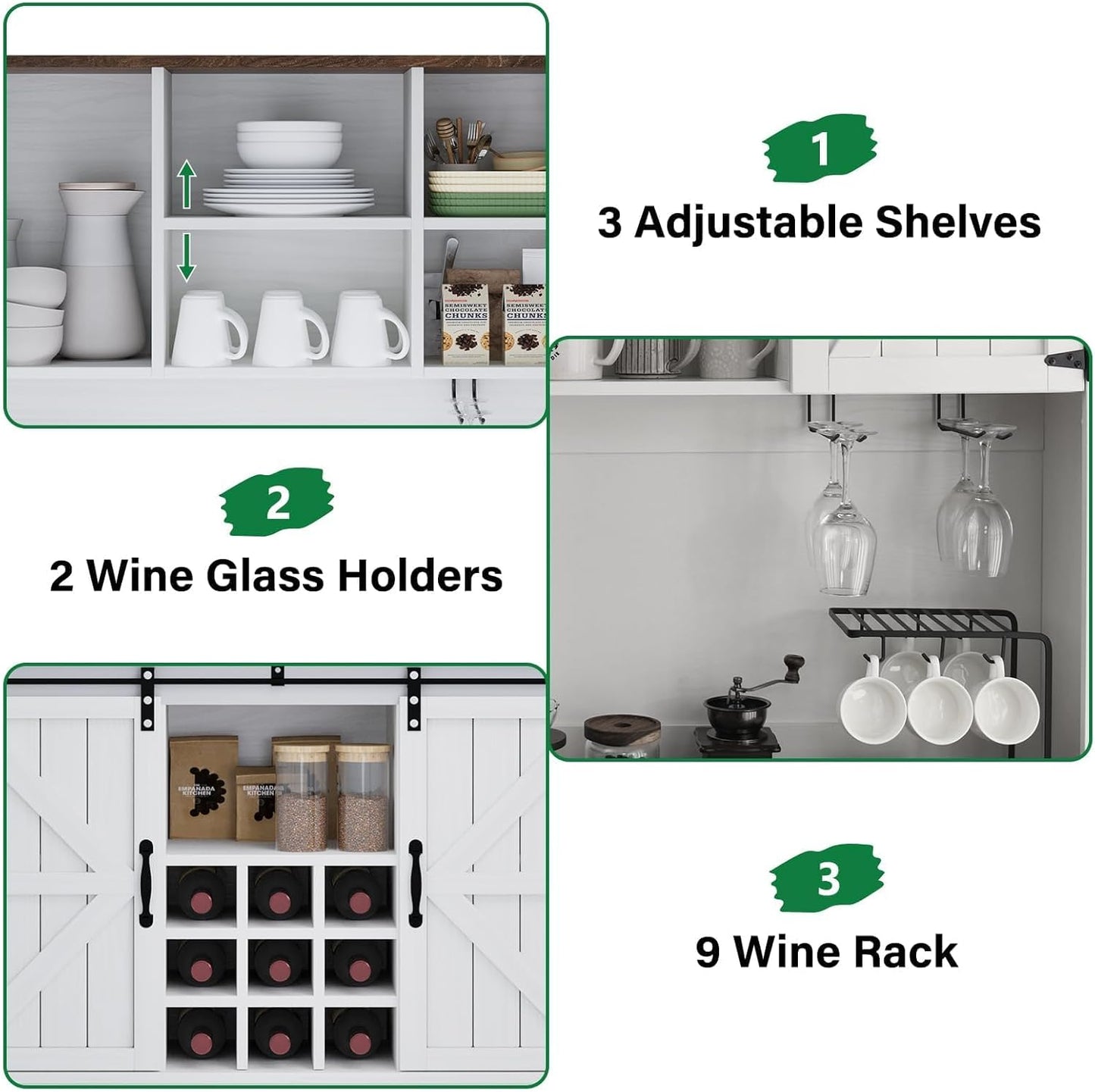 4 EVER WINNER 72" Coffee Bar Cabinet with Sliding Barn Door & Wine Racks, Hutch Cabinet with Storage and 3 Drawers, Farmhouse Coffee Bar with Wine Glass Holder for Dining Room Kitchen, White