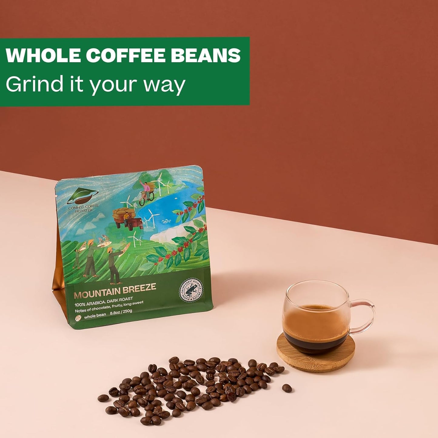 Conihat Whole Bean Coffee - 100% Vietnamese Premium Arabica, Dark Roast, Chocolate & Fruity Notes, Sweet Finish, Low Acid, Single Origin, Hand-Picked, 8.8 Oz Bag