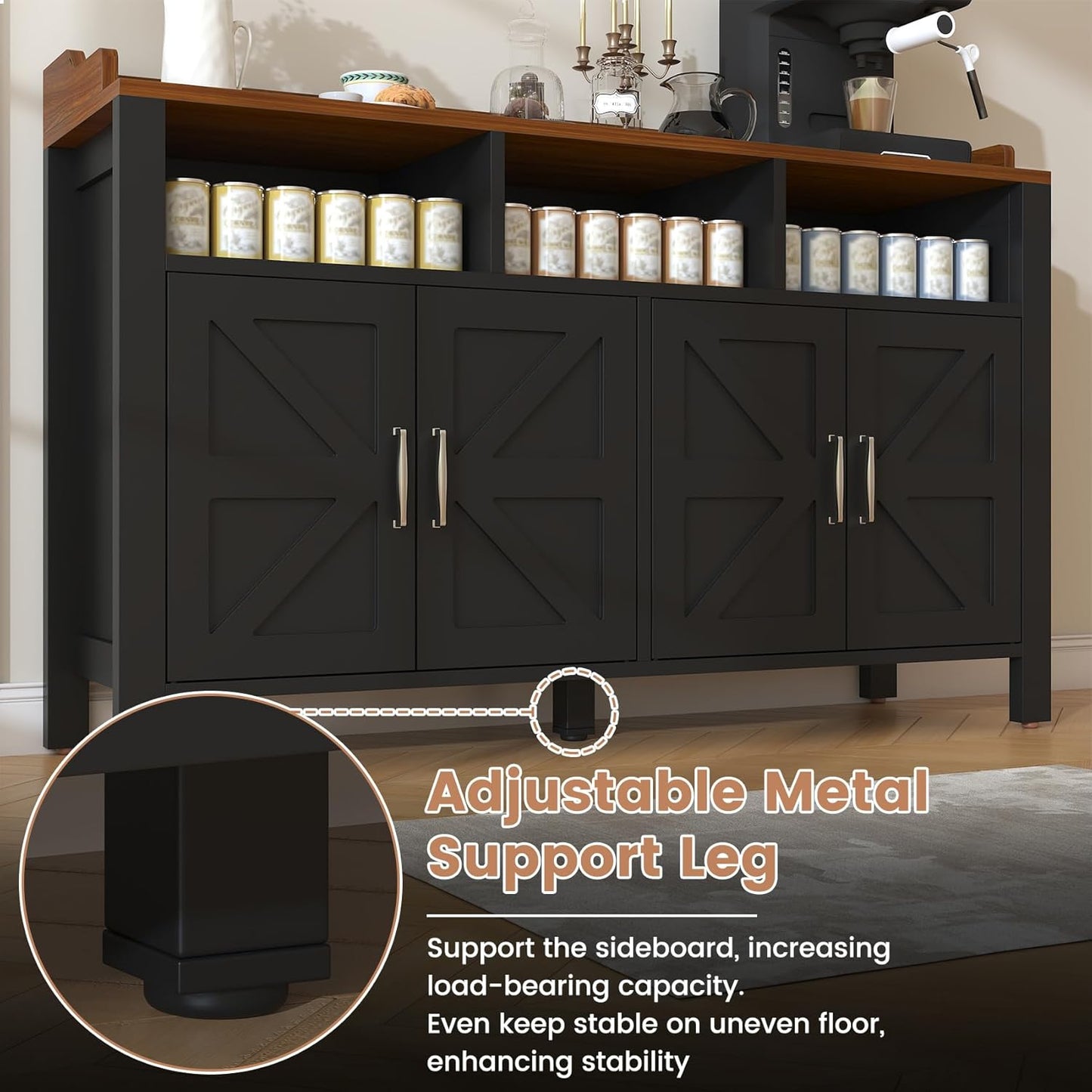 Buffet Cabinet with Storage Farmhouse with 4 Doors and 3 Open Compartments, 55'' Large Kitchen Storage Cabinet Black Wood Coffee Bar Buffet Sideboard for Kitchen, Dining Room, Living Room